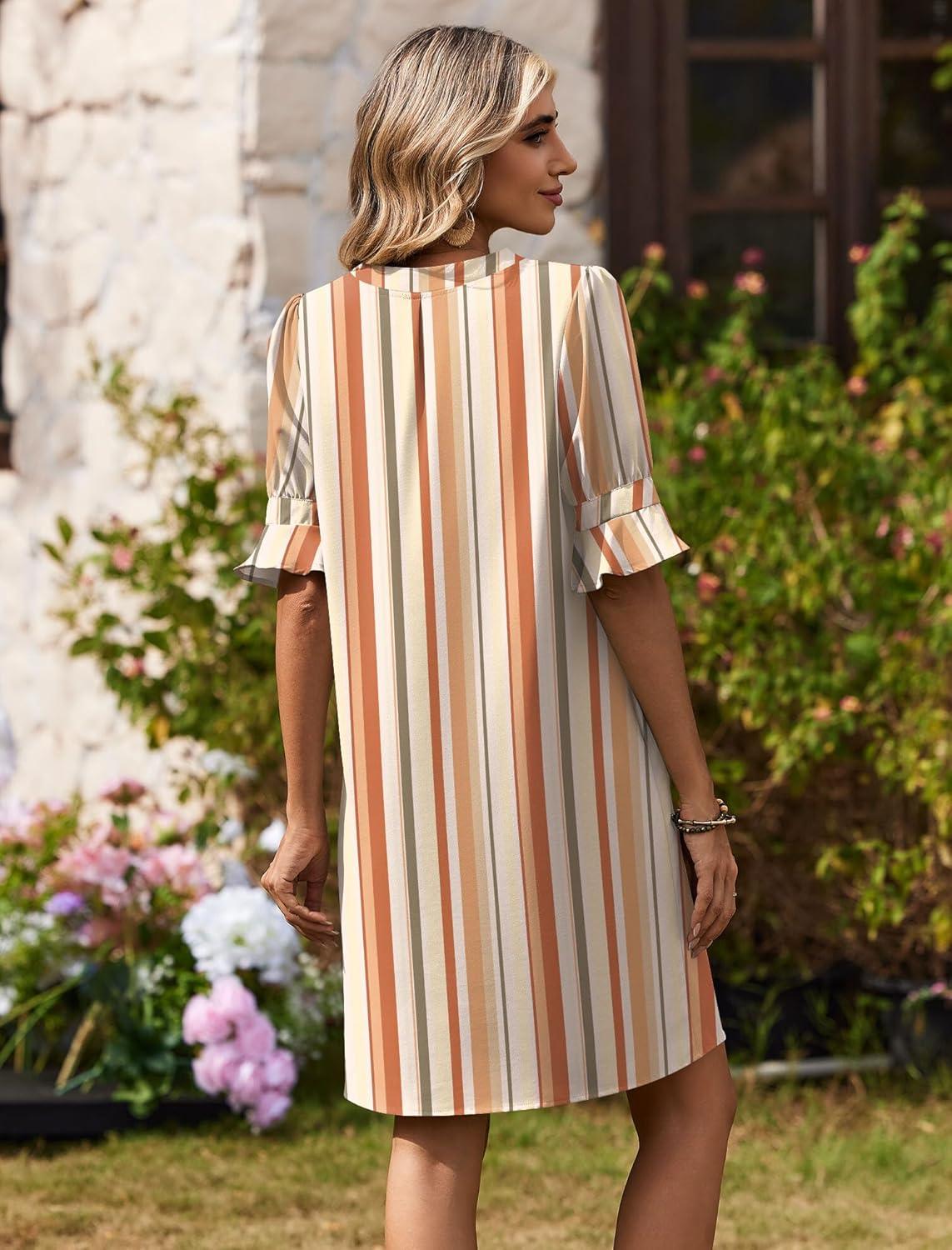 imageZeagoo Summer Dresses for Women 2026 V Neck Ruffle Sleeve Casual Shift Dress Hawaiian Sundress Beach Vacation ClothesKhaki Vertical Stripes