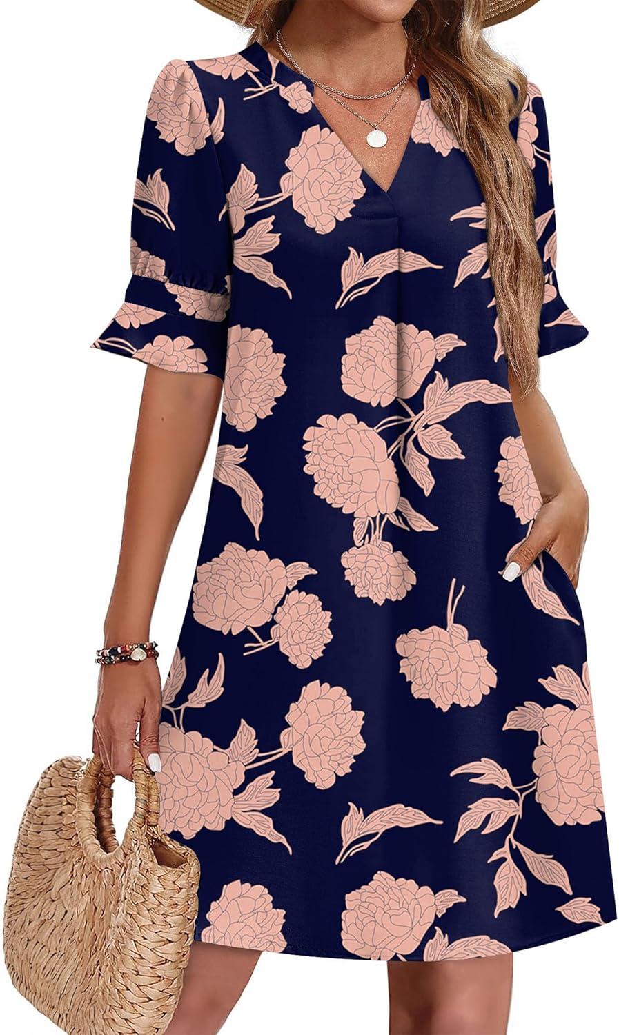 imageZeagoo Summer Dresses for Women 2026 V Neck Ruffle Sleeve Casual Shift Dress Hawaiian Sundress Beach Vacation ClothesNavy Blue Pink Flowers