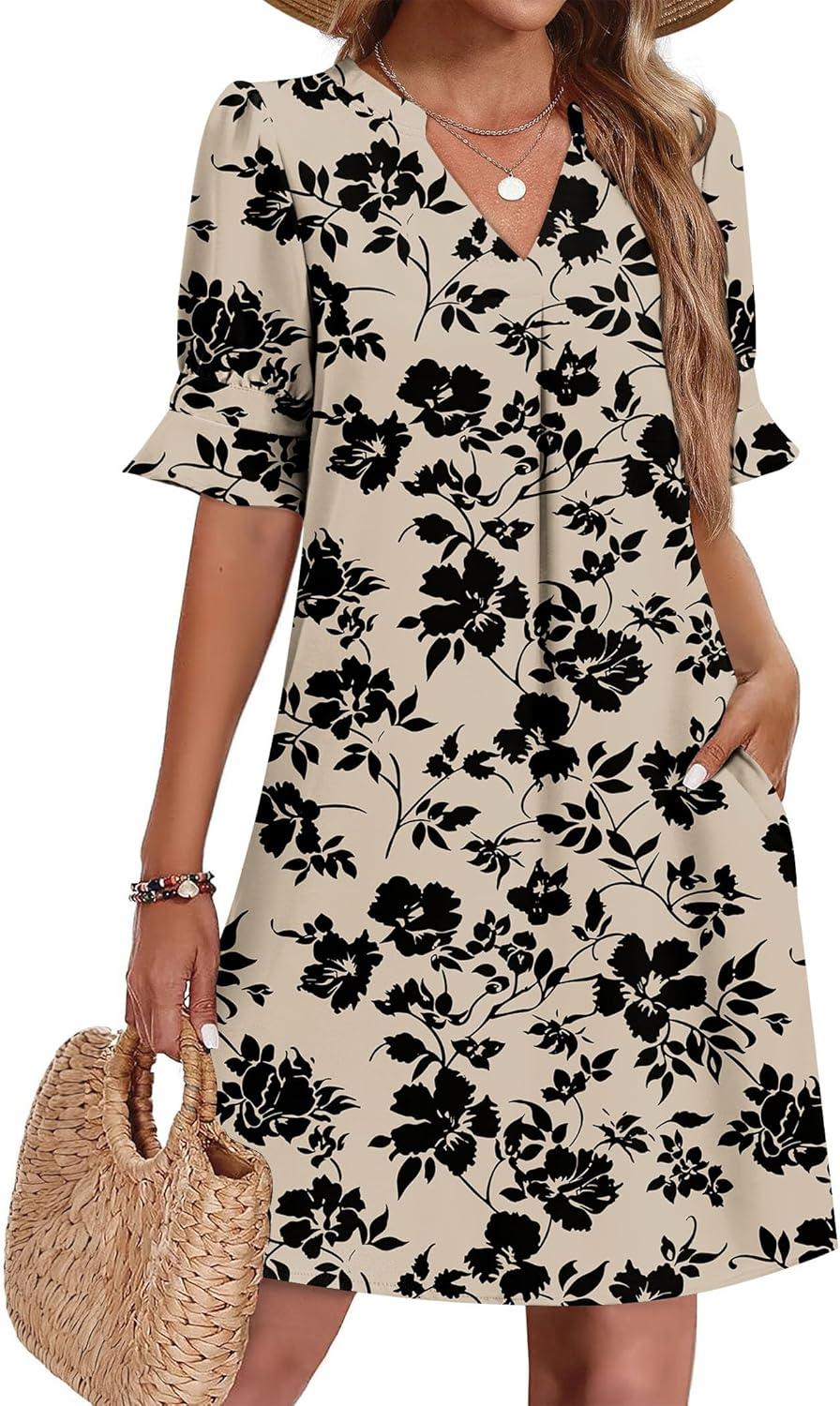 imageZeagoo Summer Dresses for Women 2026 V Neck Ruffle Sleeve Casual Shift Dress Hawaiian Sundress Beach Vacation ClothesSkin Floral