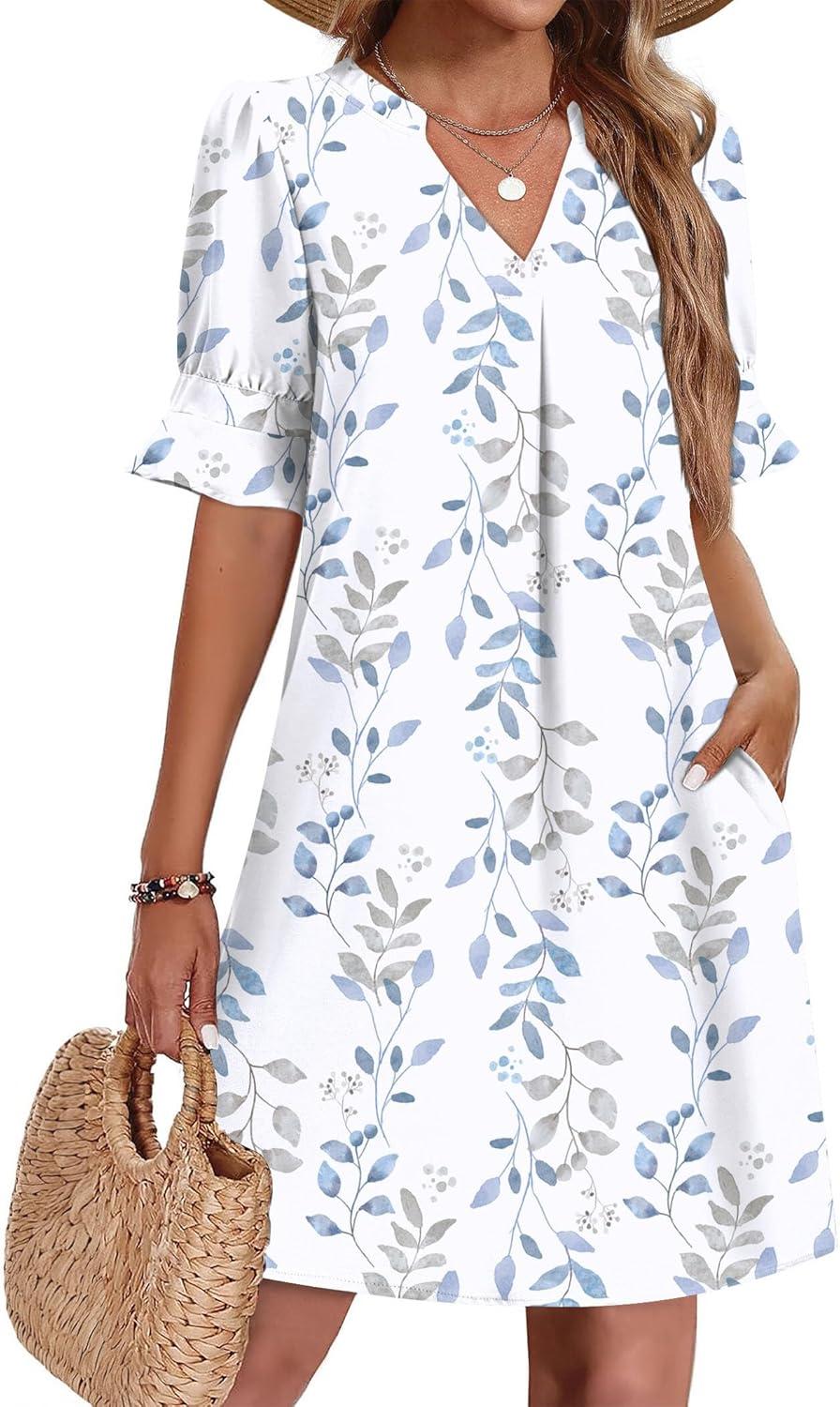 imageZeagoo Summer Dresses for Women 2026 V Neck Ruffle Sleeve Casual Shift Dress Hawaiian Sundress Beach Vacation ClothesYellow Silhouette Flowers