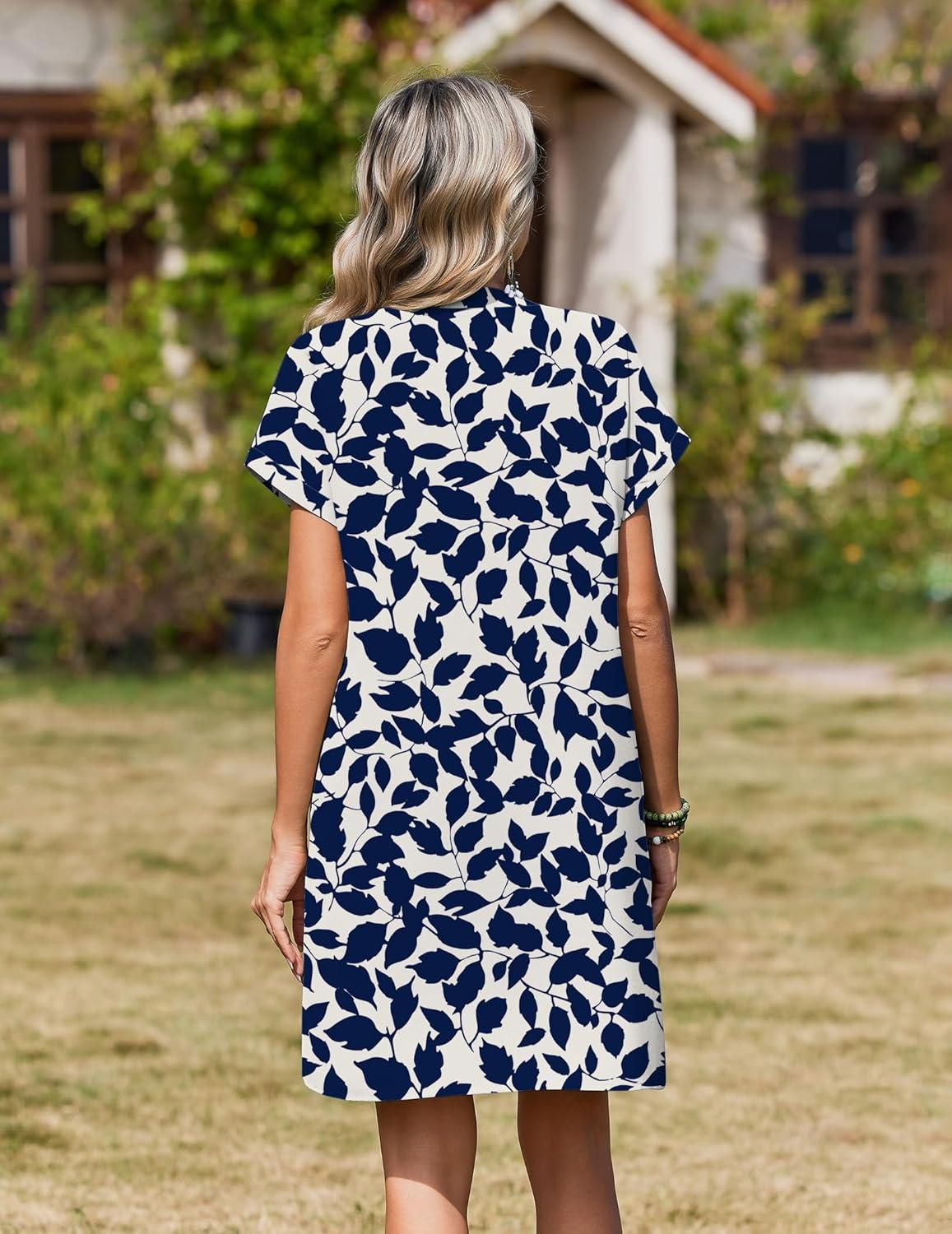 imageZeagoo Summer Dresses for Women Short Sleeve Shift Dress V Neck Casual Mini Beach Vacation Boho Sundress with PocketsAnavy Floral