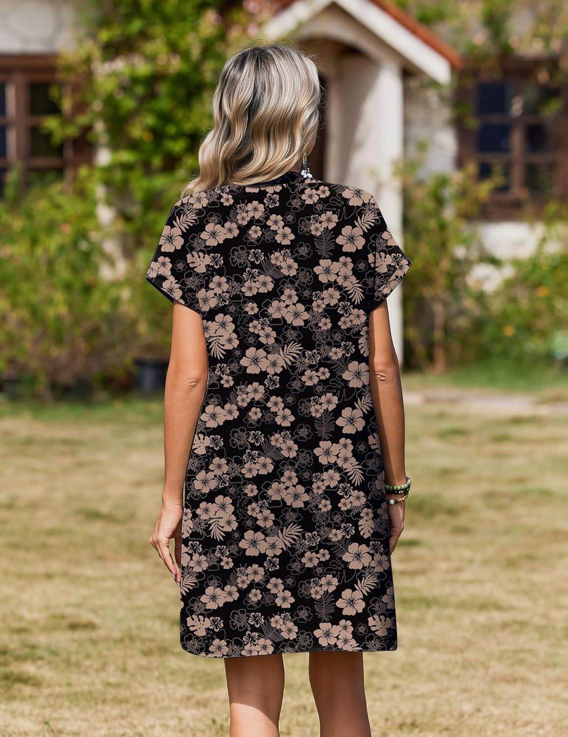 imageZeagoo Summer Dresses for Women Short Sleeve Shift Dress V Neck Casual Mini Beach Vacation Boho Sundress with PocketsBlack Floral