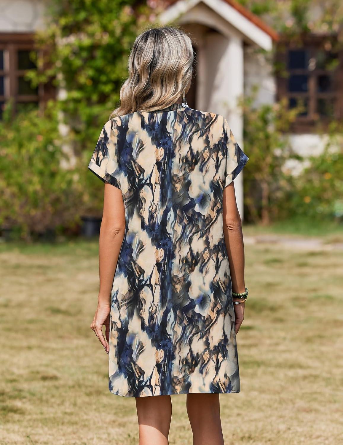 imageZeagoo Summer Dresses for Women Short Sleeve Shift Dress V Neck Casual Mini Beach Vacation Boho Sundress with PocketsBlue Tie Dye