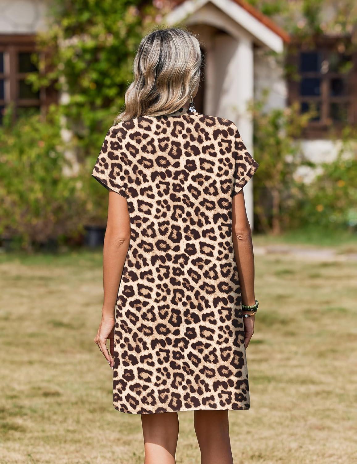 imageZeagoo Summer Dresses for Women Short Sleeve Shift Dress V Neck Casual Mini Beach Vacation Boho Sundress with PocketsBrown Leopard