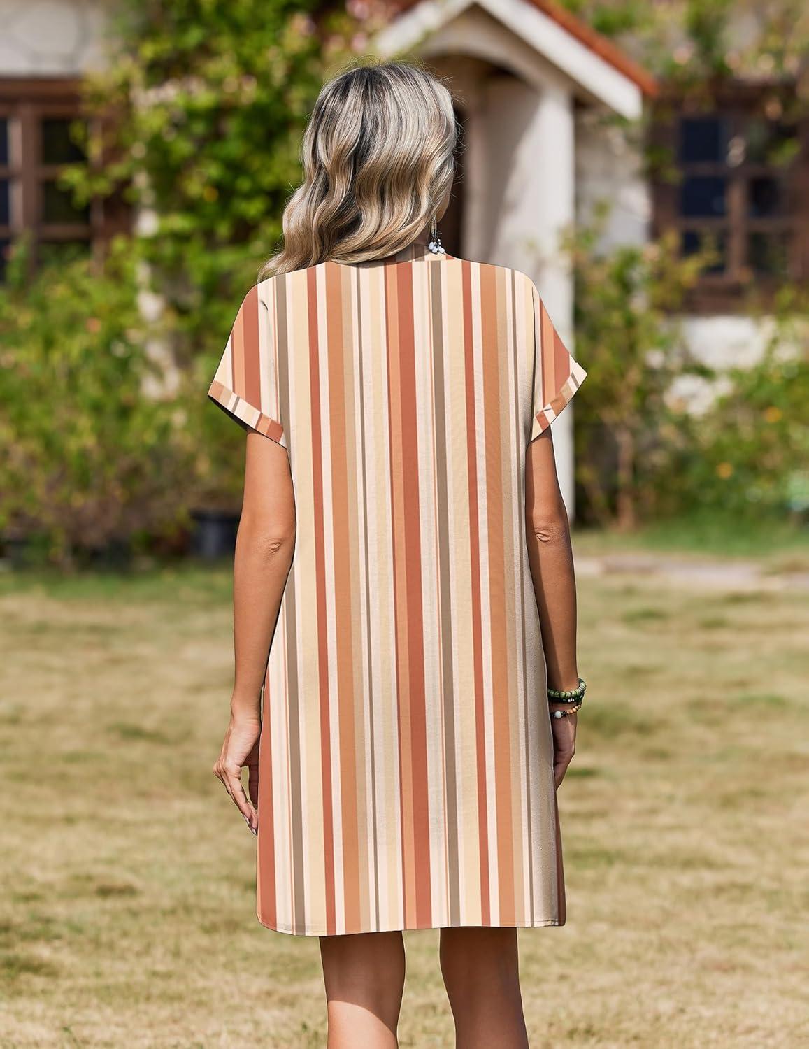 imageZeagoo Summer Dresses for Women Short Sleeve Shift Dress V Neck Casual Mini Beach Vacation Boho Sundress with PocketsKhaki Stripe