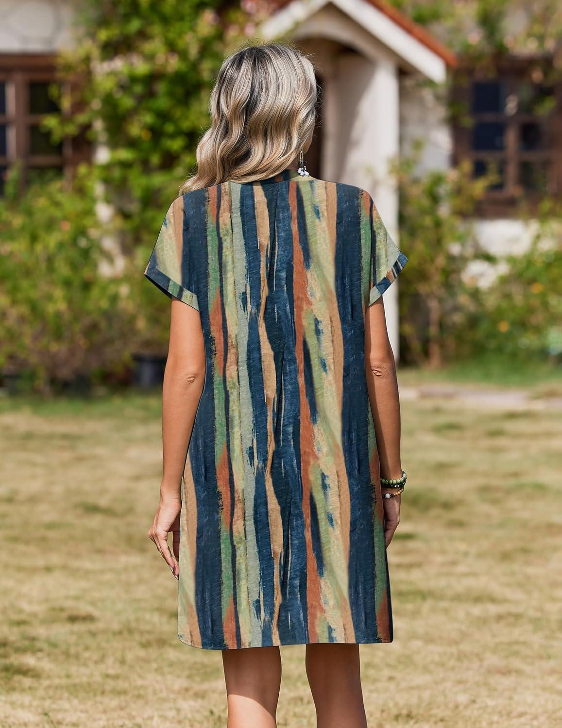 imageZeagoo Summer Dresses for Women Short Sleeve Shift Dress V Neck Casual Mini Beach Vacation Boho Sundress with PocketsKhaki Tie Dye