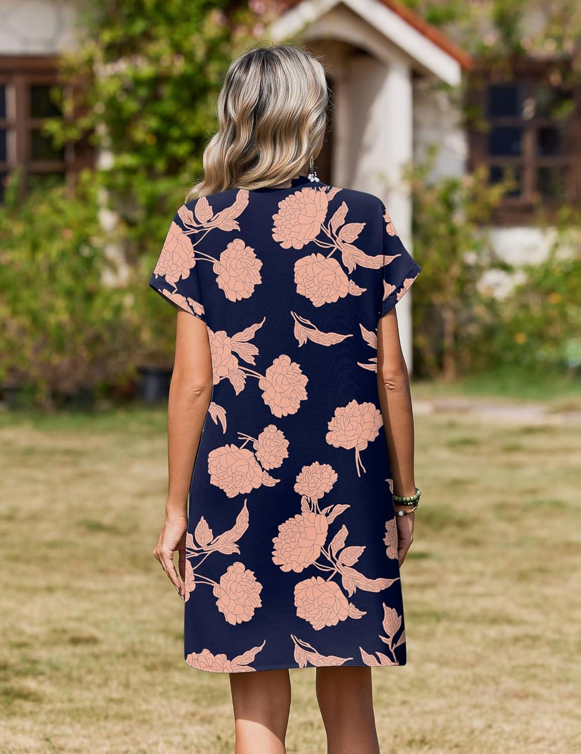 imageZeagoo Summer Dresses for Women Short Sleeve Shift Dress V Neck Casual Mini Beach Vacation Boho Sundress with PocketsNavy Sf294