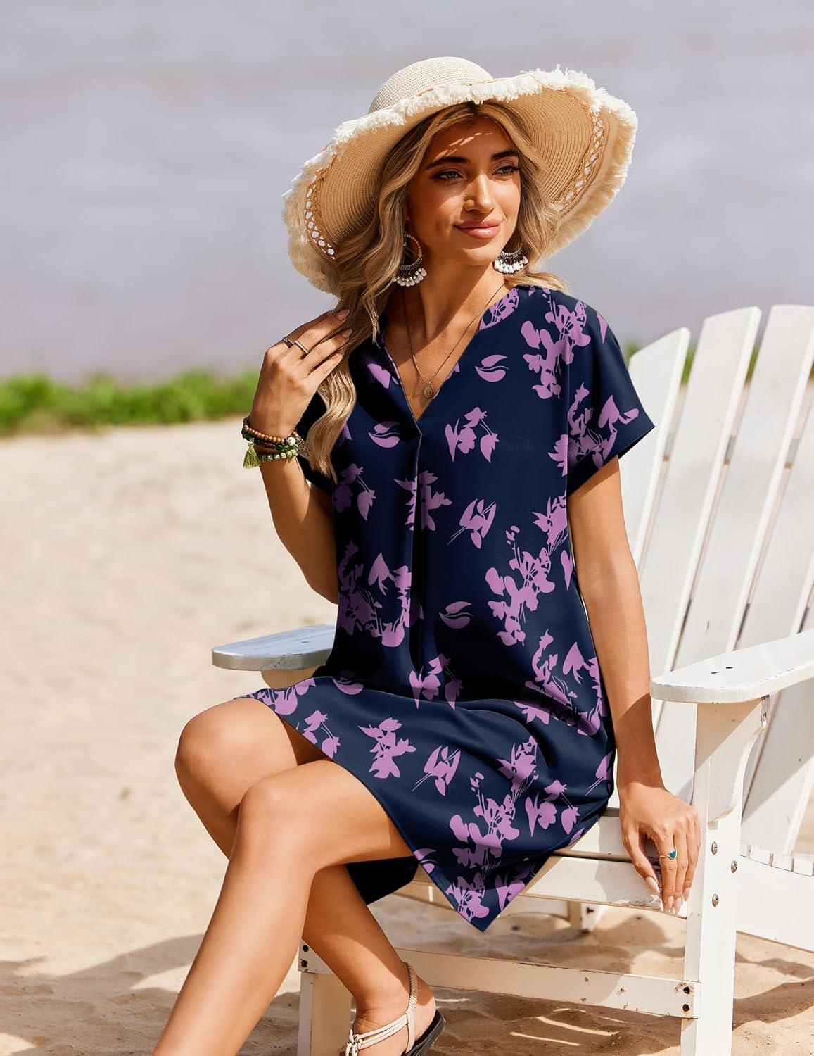 imageZeagoo Summer Dresses for Women Short Sleeve Shift Dress V Neck Casual Mini Beach Vacation Boho Sundress with PocketsPurple Floral