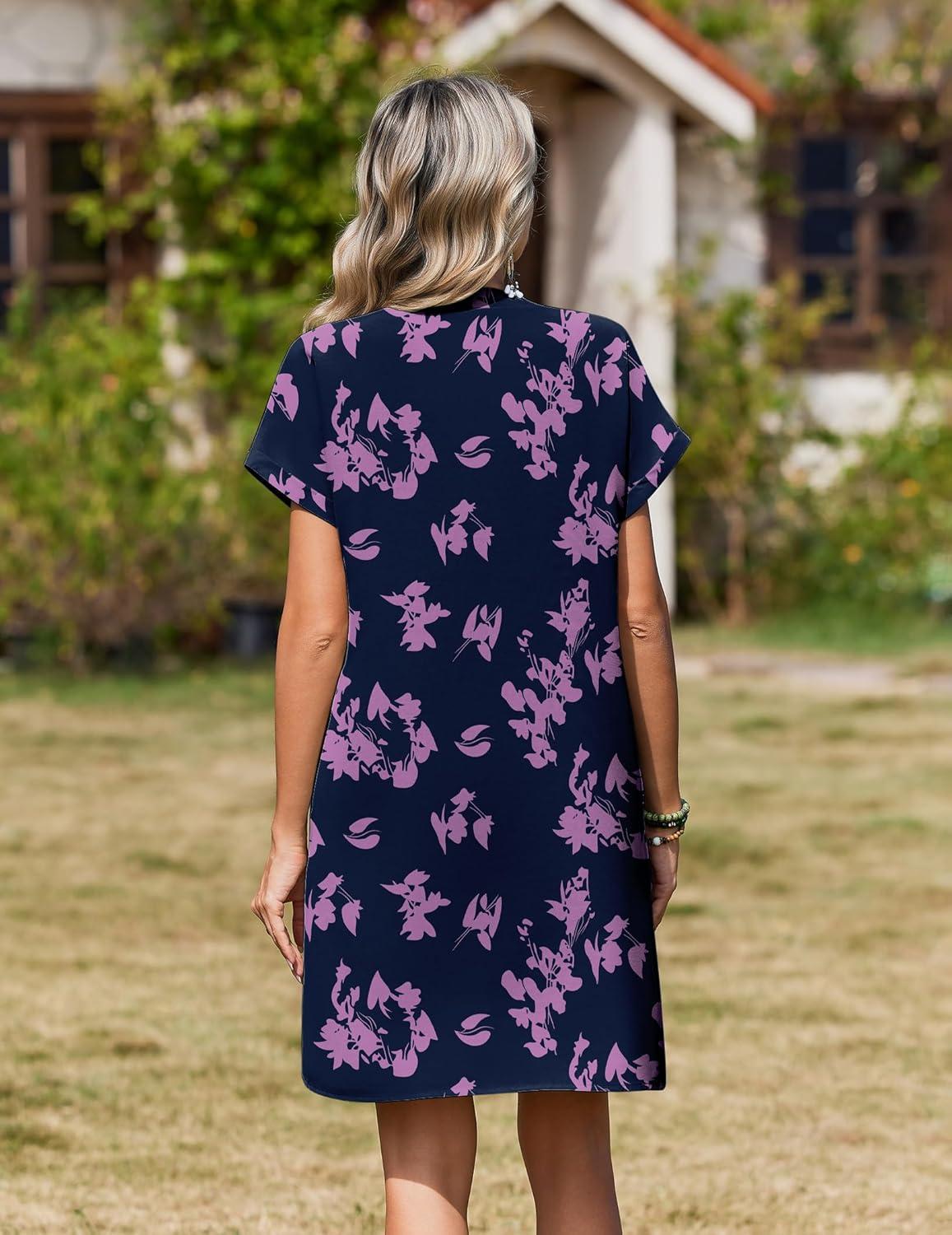 imageZeagoo Summer Dresses for Women Short Sleeve Shift Dress V Neck Casual Mini Beach Vacation Boho Sundress with PocketsPurple Floral