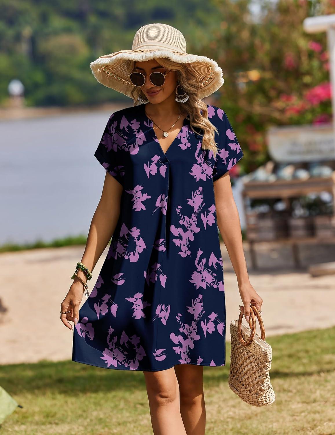 imageZeagoo Summer Dresses for Women Short Sleeve Shift Dress V Neck Casual Mini Beach Vacation Boho Sundress with PocketsPurple Floral