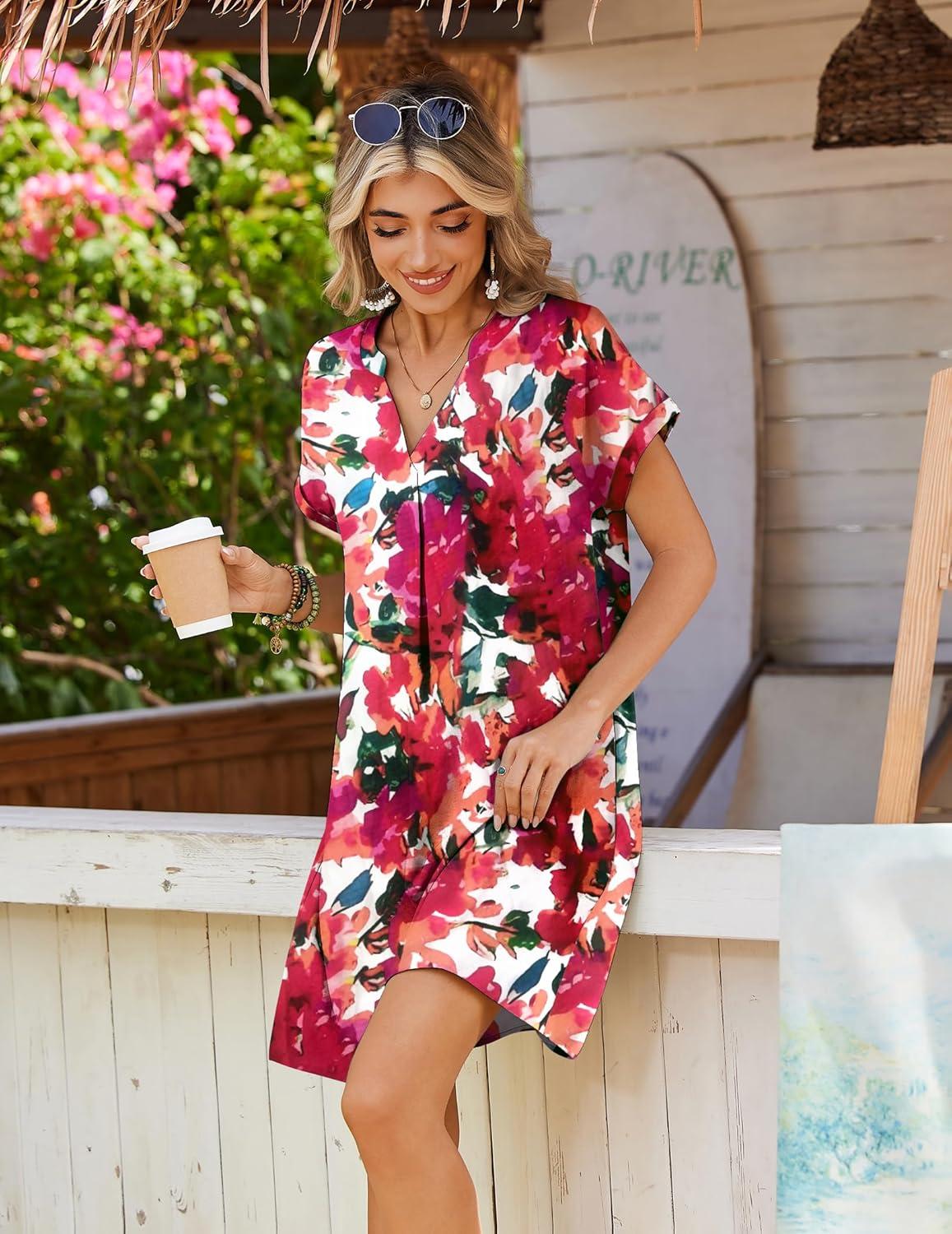 imageZeagoo Summer Dresses for Women Short Sleeve Shift Dress V Neck Casual Mini Beach Vacation Boho Sundress with PocketsRed Floral