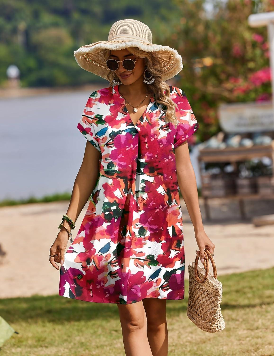 imageZeagoo Summer Dresses for Women Short Sleeve Shift Dress V Neck Casual Mini Beach Vacation Boho Sundress with PocketsRed Floral