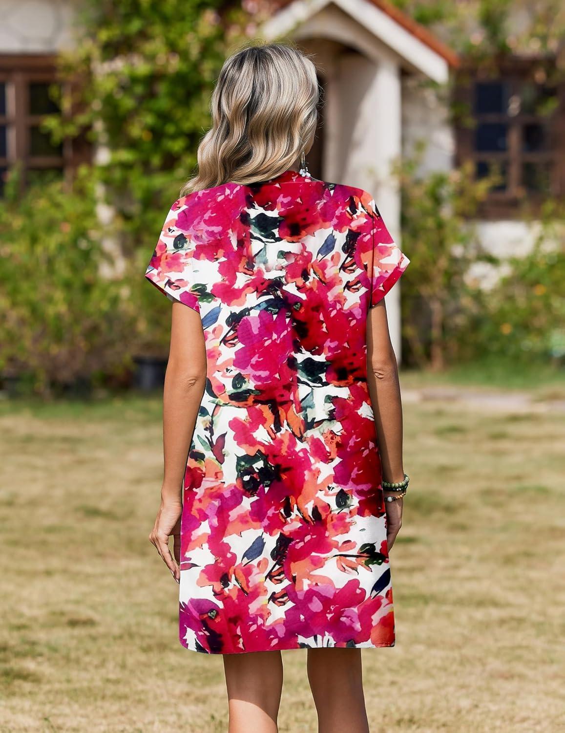 imageZeagoo Summer Dresses for Women Short Sleeve Shift Dress V Neck Casual Mini Beach Vacation Boho Sundress with PocketsRed Floral