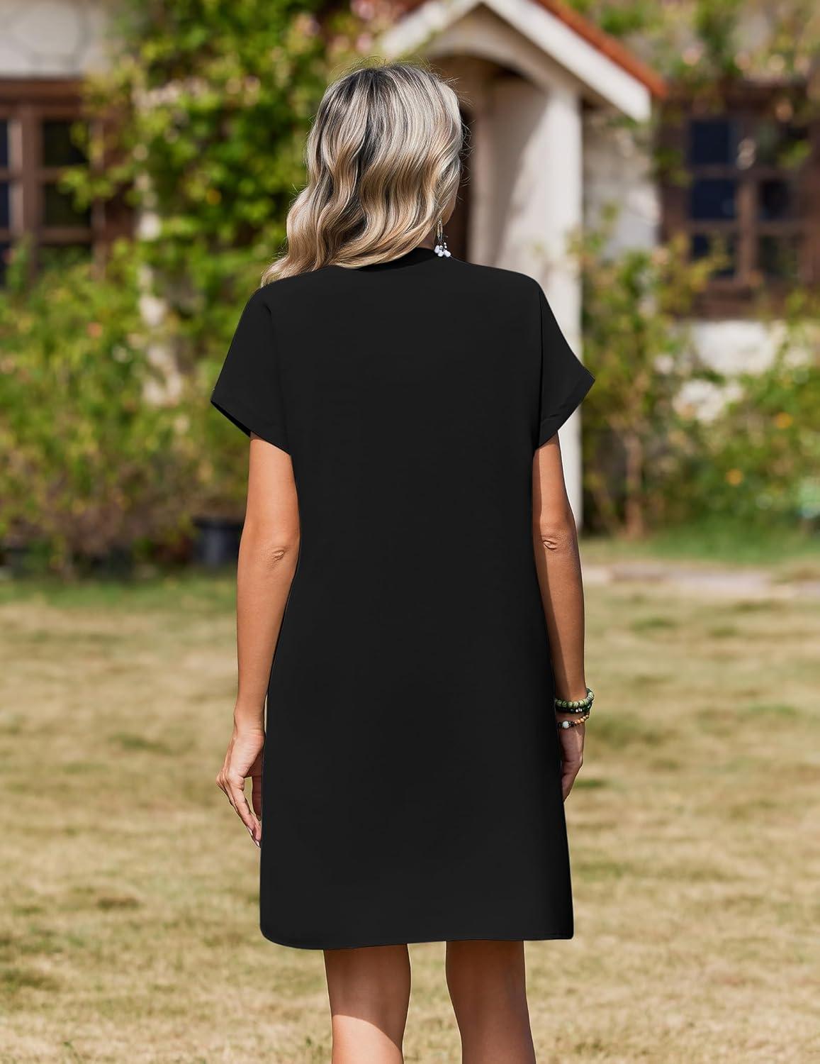 imageZeagoo Summer Dresses for Women Short Sleeve Shift Dress V Neck Casual Mini Beach Vacation Boho Sundress with PocketsSolid Black