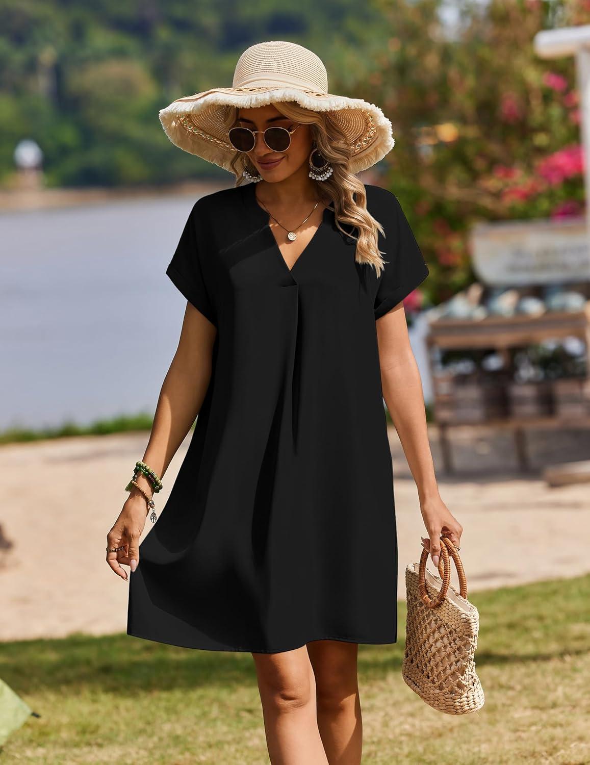 imageZeagoo Summer Dresses for Women Short Sleeve Shift Dress V Neck Casual Mini Beach Vacation Boho Sundress with PocketsSolid Black