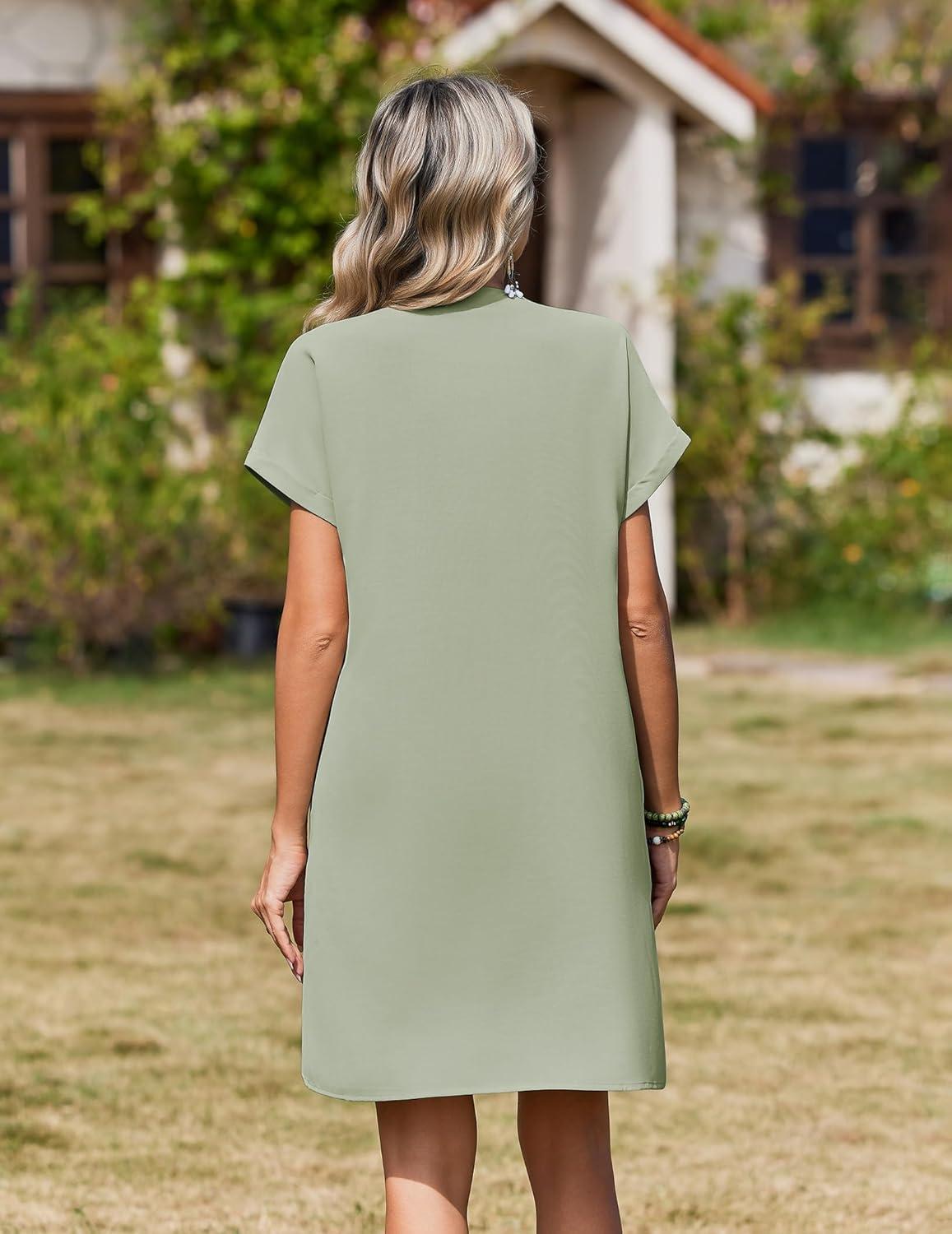 imageZeagoo Summer Dresses for Women Short Sleeve Shift Dress V Neck Casual Mini Beach Vacation Boho Sundress with PocketsSolid Green