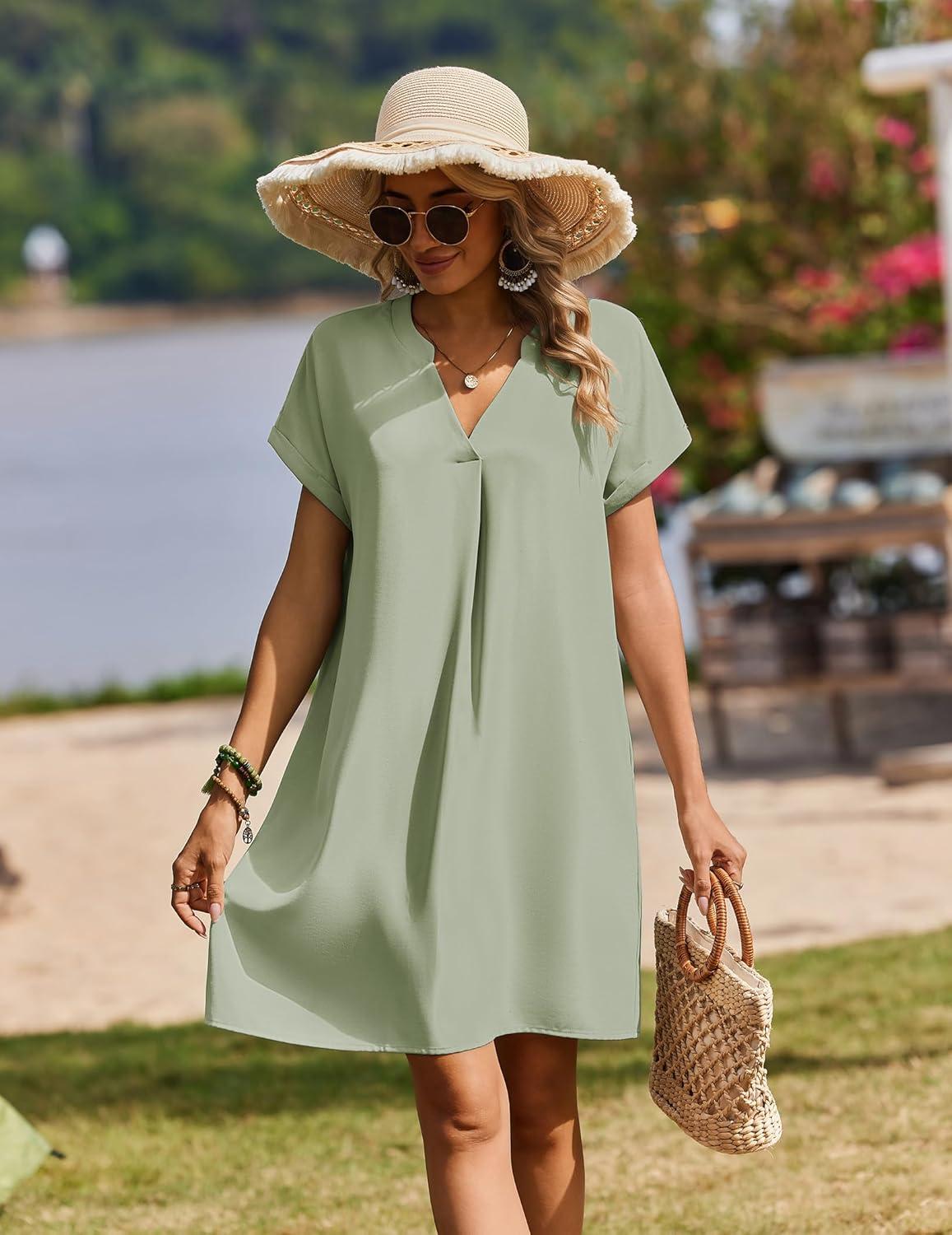 imageZeagoo Summer Dresses for Women Short Sleeve Shift Dress V Neck Casual Mini Beach Vacation Boho Sundress with PocketsSolid Green