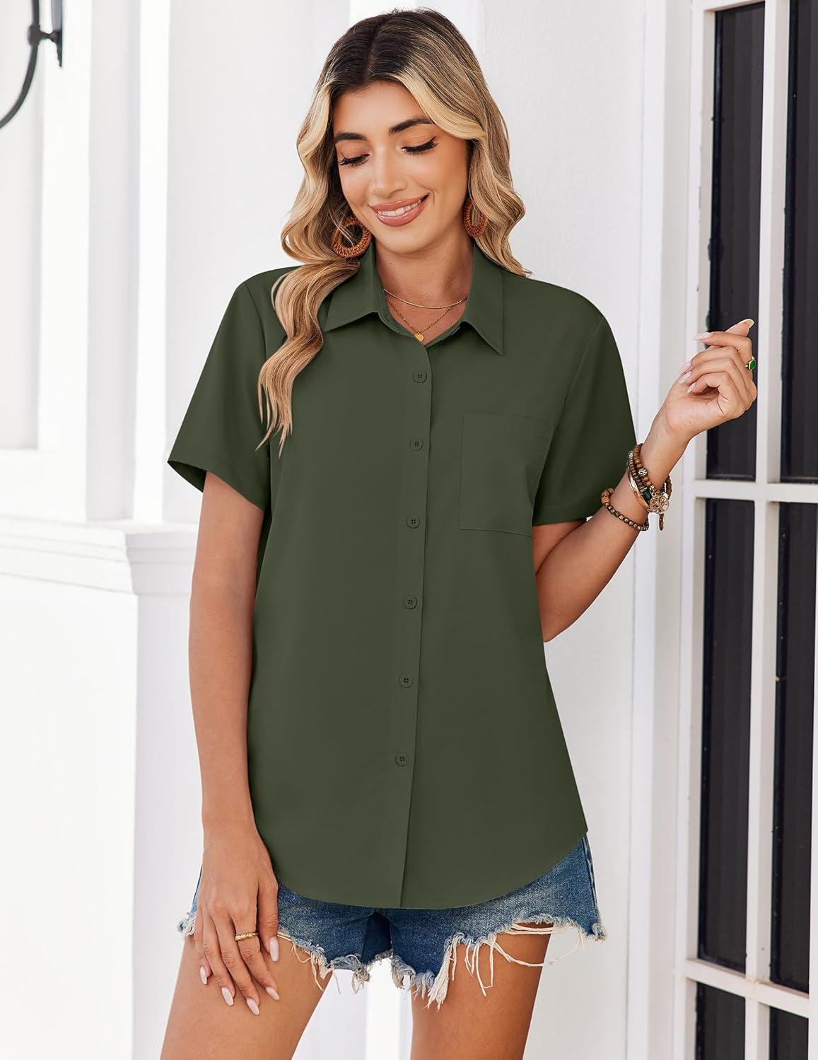imageZeagoo Women Blouses Short Sleeve Button Down Shirts Business Casual Dressy Work Tops Summer Spring ClothesArmy Green