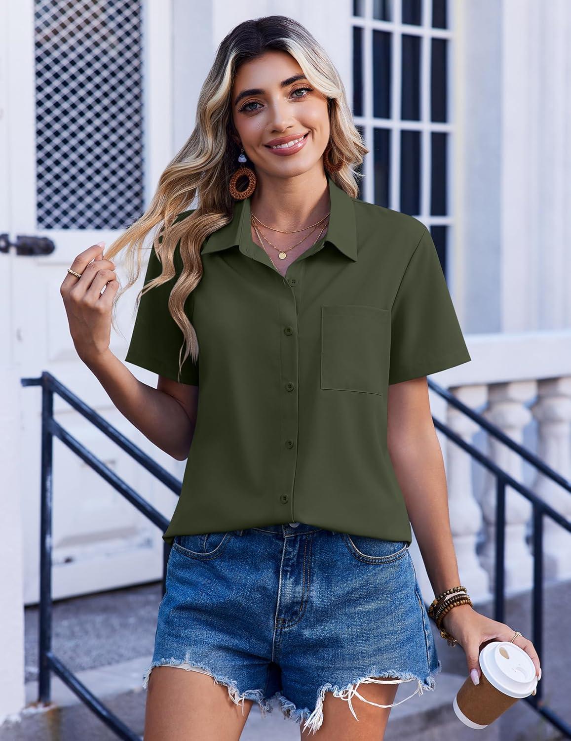imageZeagoo Women Blouses Short Sleeve Button Down Shirts Business Casual Dressy Work Tops Summer Spring ClothesArmy Green