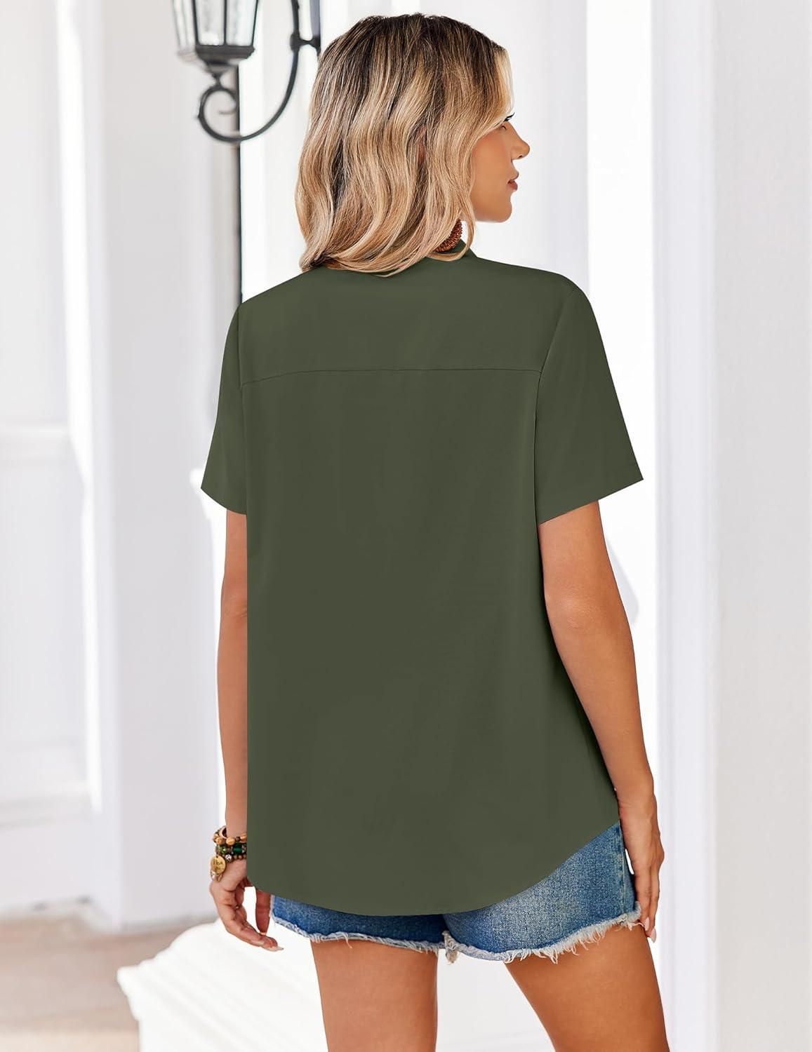 imageZeagoo Women Blouses Short Sleeve Button Down Shirts Business Casual Dressy Work Tops Summer Spring ClothesArmy Green
