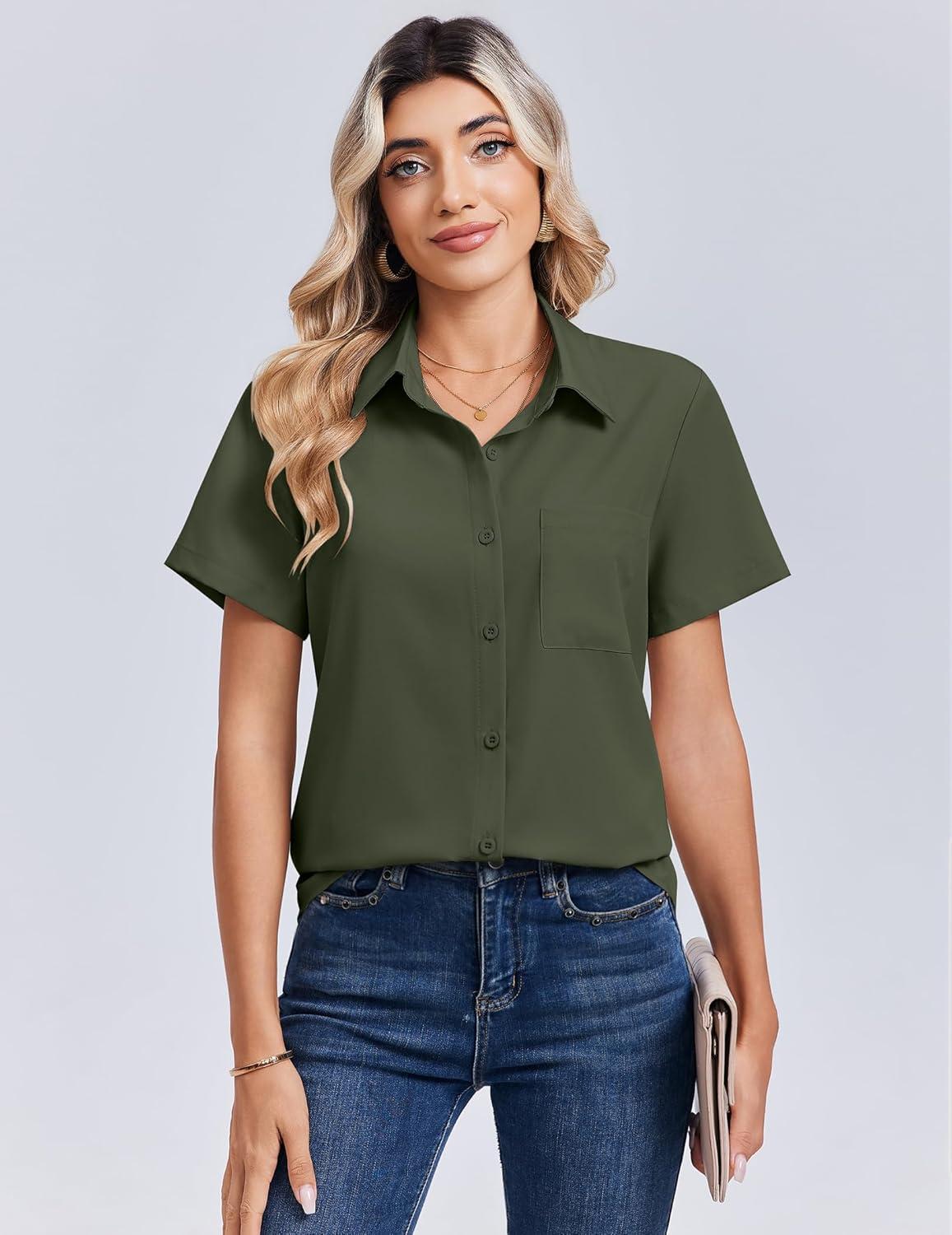 imageZeagoo Women Blouses Short Sleeve Button Down Shirts Business Casual Dressy Work Tops Summer Spring ClothesArmy Green