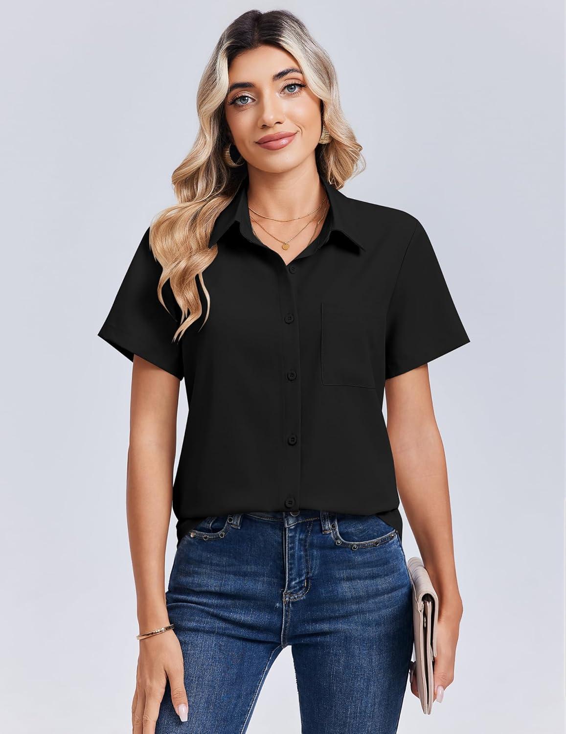 imageZeagoo Women Blouses Short Sleeve Button Down Shirts Business Casual Dressy Work Tops Summer Spring ClothesBlack