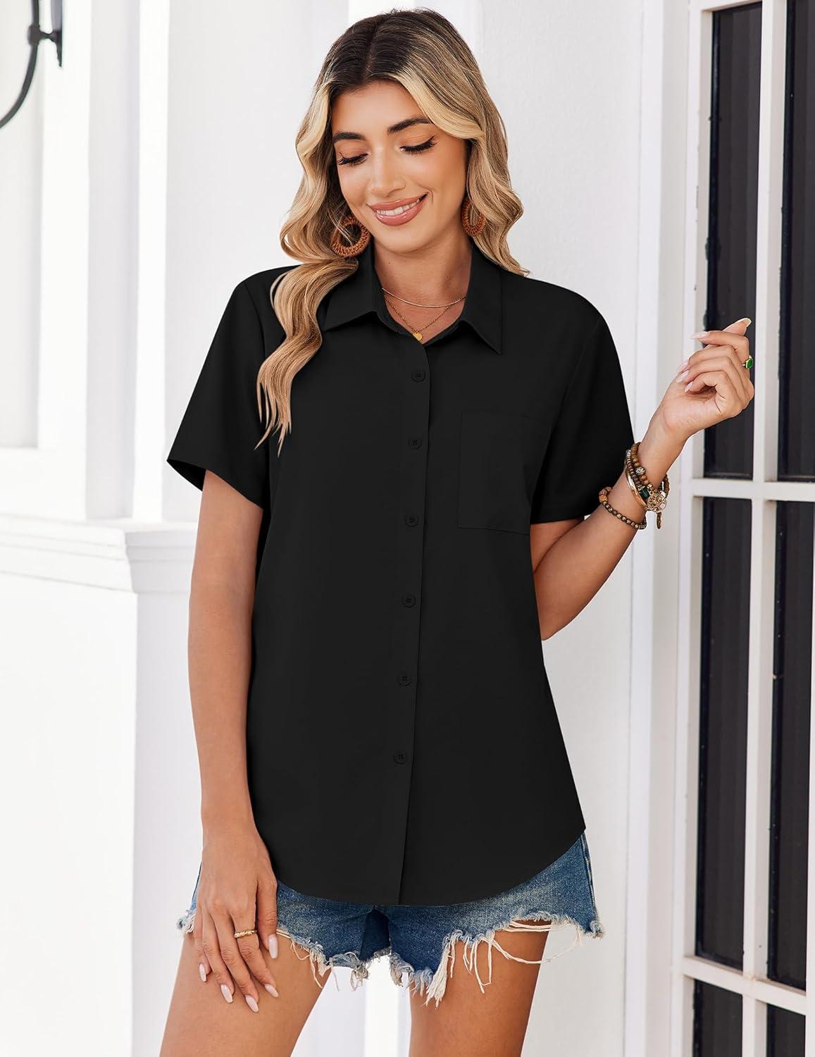 imageZeagoo Women Blouses Short Sleeve Button Down Shirts Business Casual Dressy Work Tops Summer Spring ClothesBlack