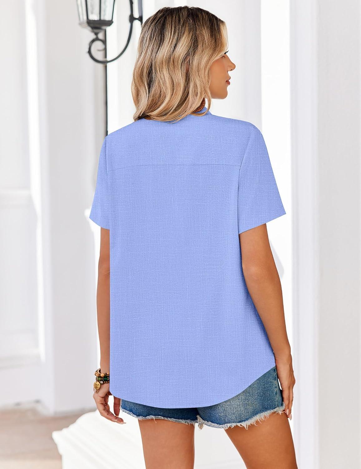 imageZeagoo Women Blouses Short Sleeve Button Down Shirts Business Casual Dressy Work Tops Summer Spring ClothesDark Blue