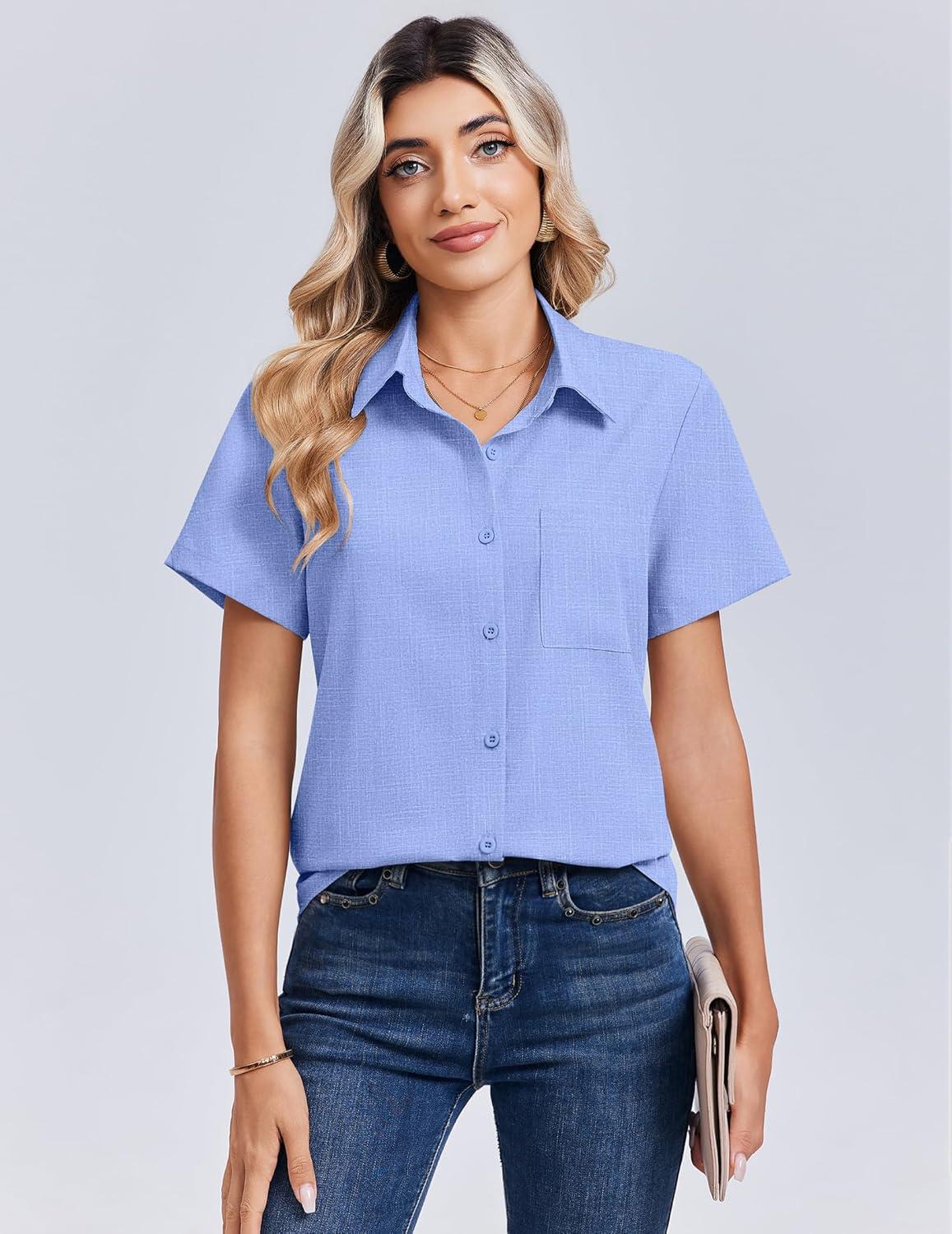 imageZeagoo Women Blouses Short Sleeve Button Down Shirts Business Casual Dressy Work Tops Summer Spring ClothesDark Blue