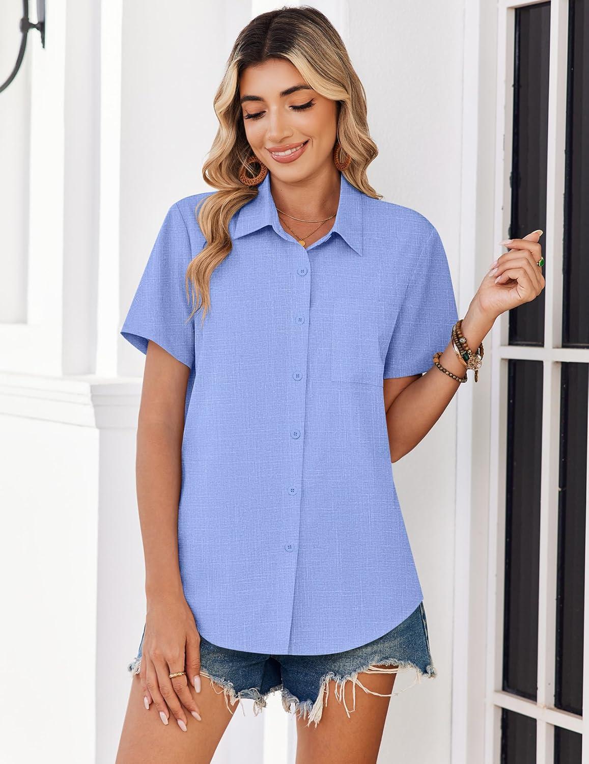 imageZeagoo Women Blouses Short Sleeve Button Down Shirts Business Casual Dressy Work Tops Summer Spring ClothesDark Blue