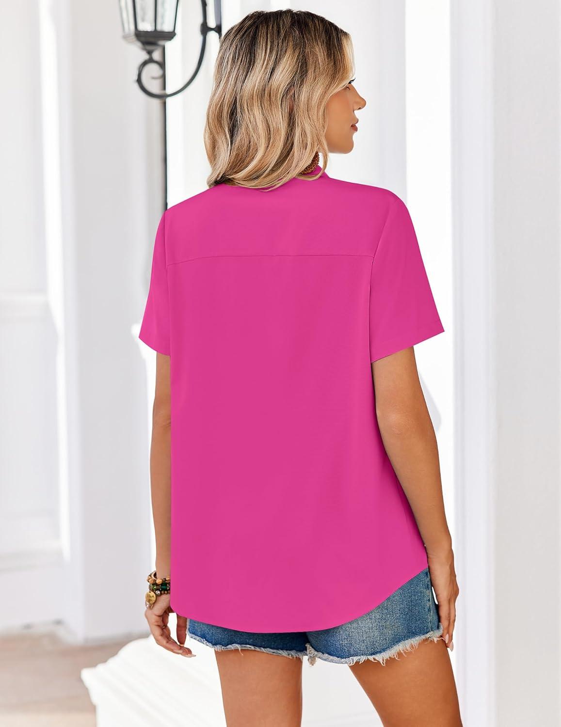 imageZeagoo Women Blouses Short Sleeve Button Down Shirts Business Casual Dressy Work Tops Summer Spring ClothesHot Pink