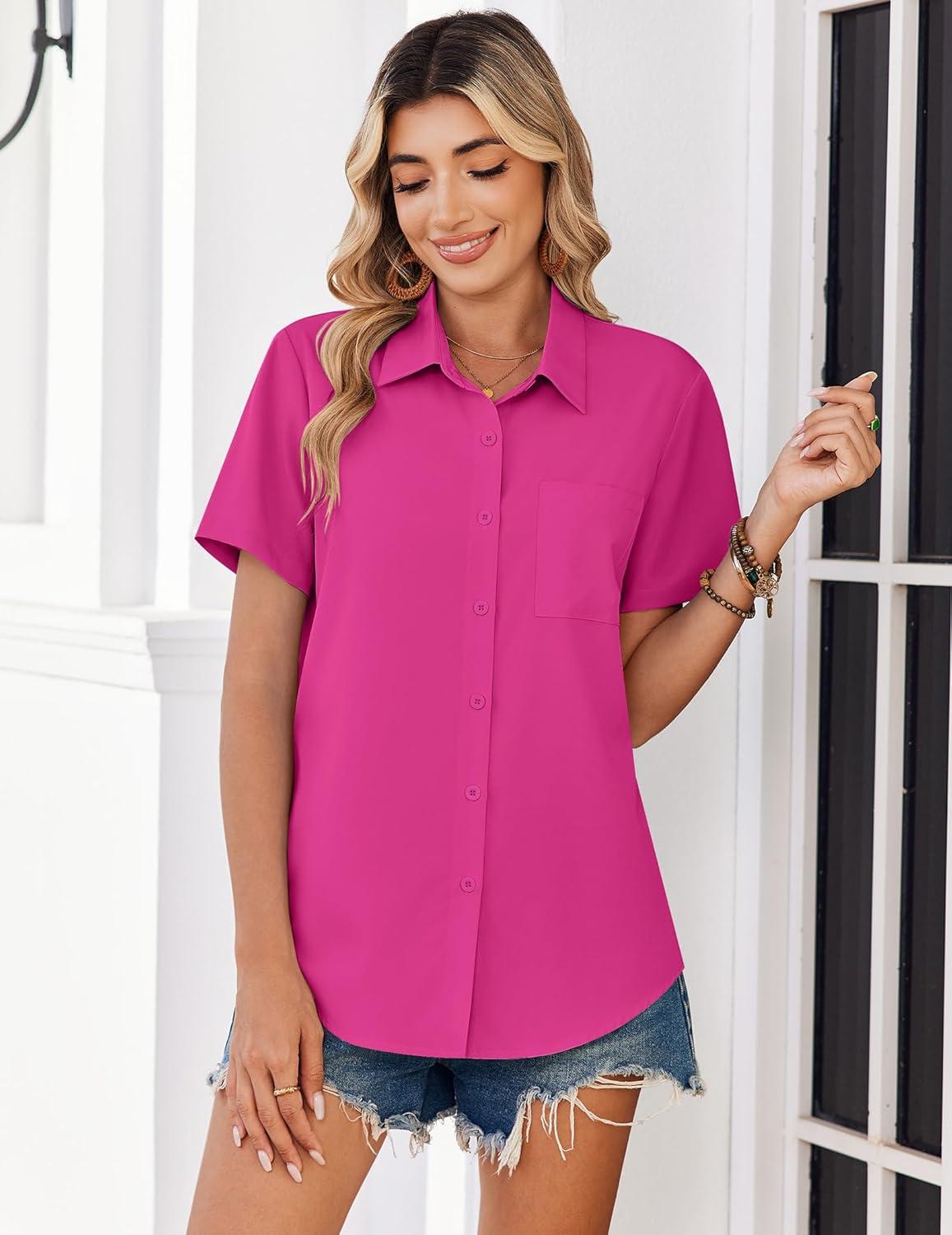 imageZeagoo Women Blouses Short Sleeve Button Down Shirts Business Casual Dressy Work Tops Summer Spring ClothesHot Pink