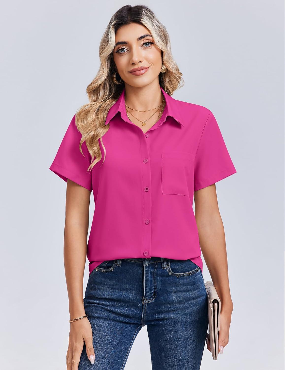 imageZeagoo Women Blouses Short Sleeve Button Down Shirts Business Casual Dressy Work Tops Summer Spring ClothesHot Pink