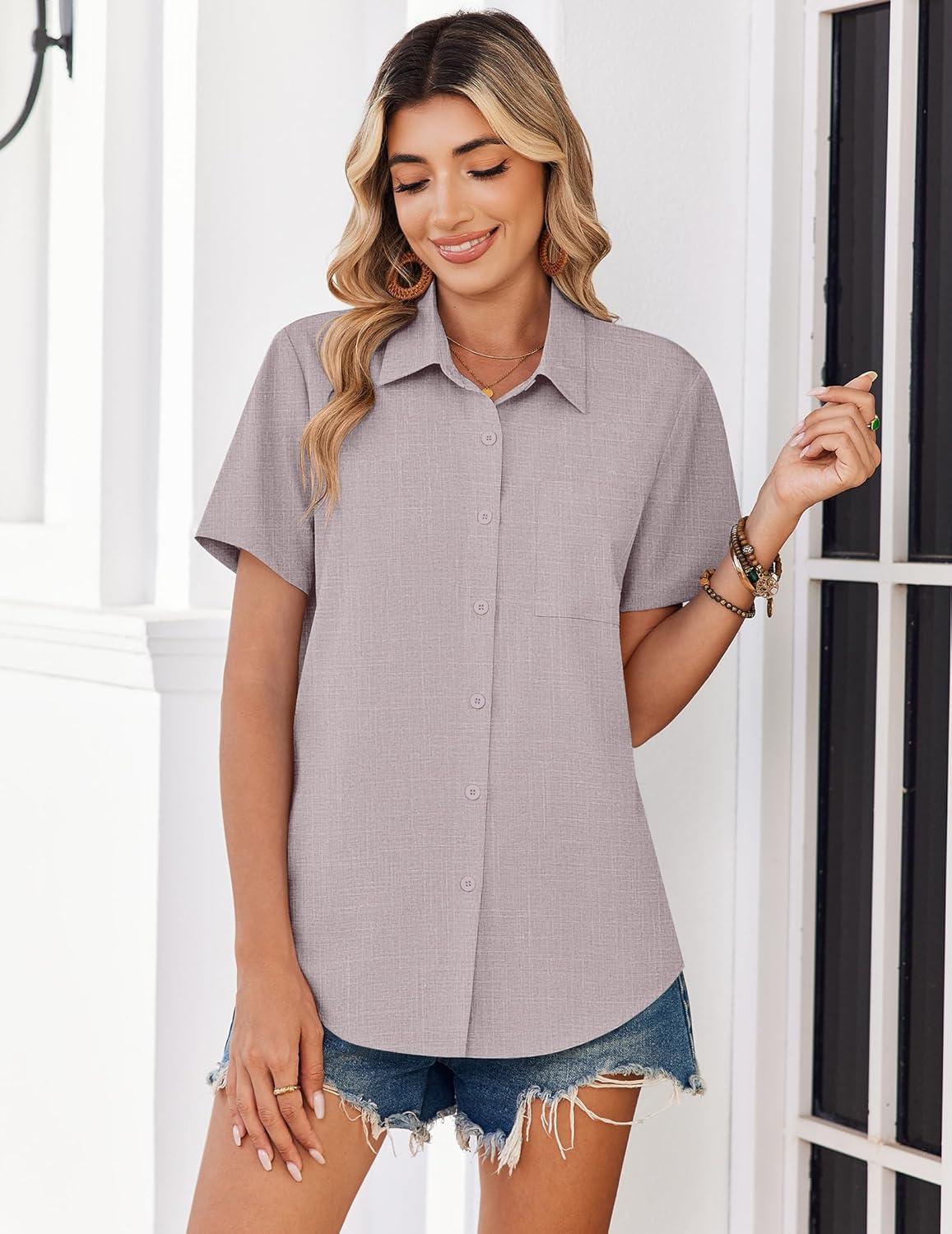 imageZeagoo Women Blouses Short Sleeve Button Down Shirts Business Casual Dressy Work Tops Summer Spring ClothesKhaki