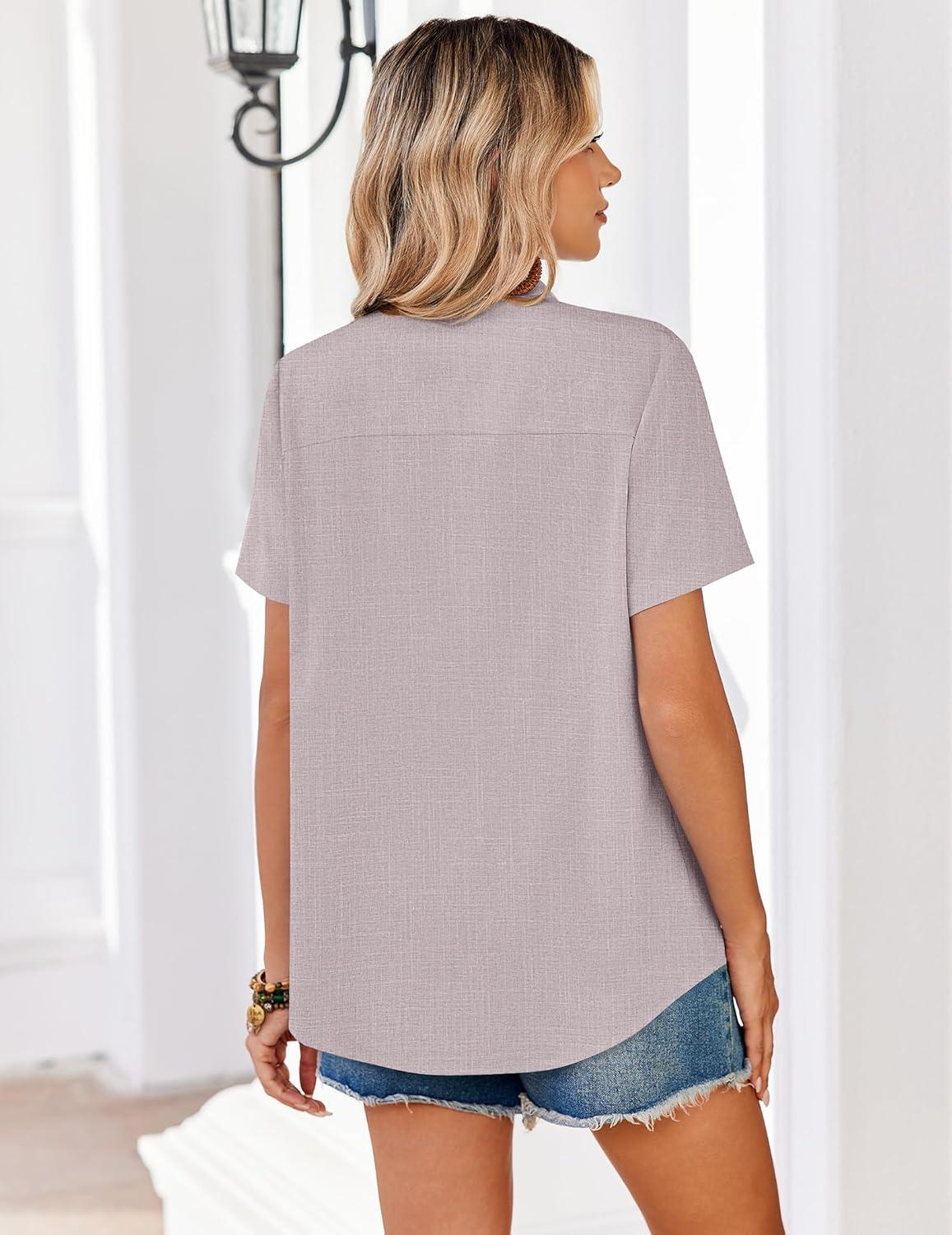 imageZeagoo Women Blouses Short Sleeve Button Down Shirts Business Casual Dressy Work Tops Summer Spring ClothesKhaki