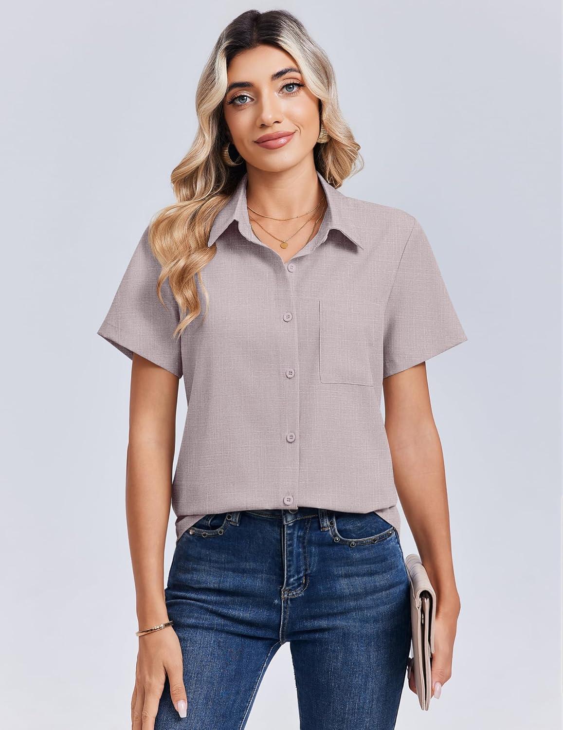 imageZeagoo Women Blouses Short Sleeve Button Down Shirts Business Casual Dressy Work Tops Summer Spring ClothesKhaki