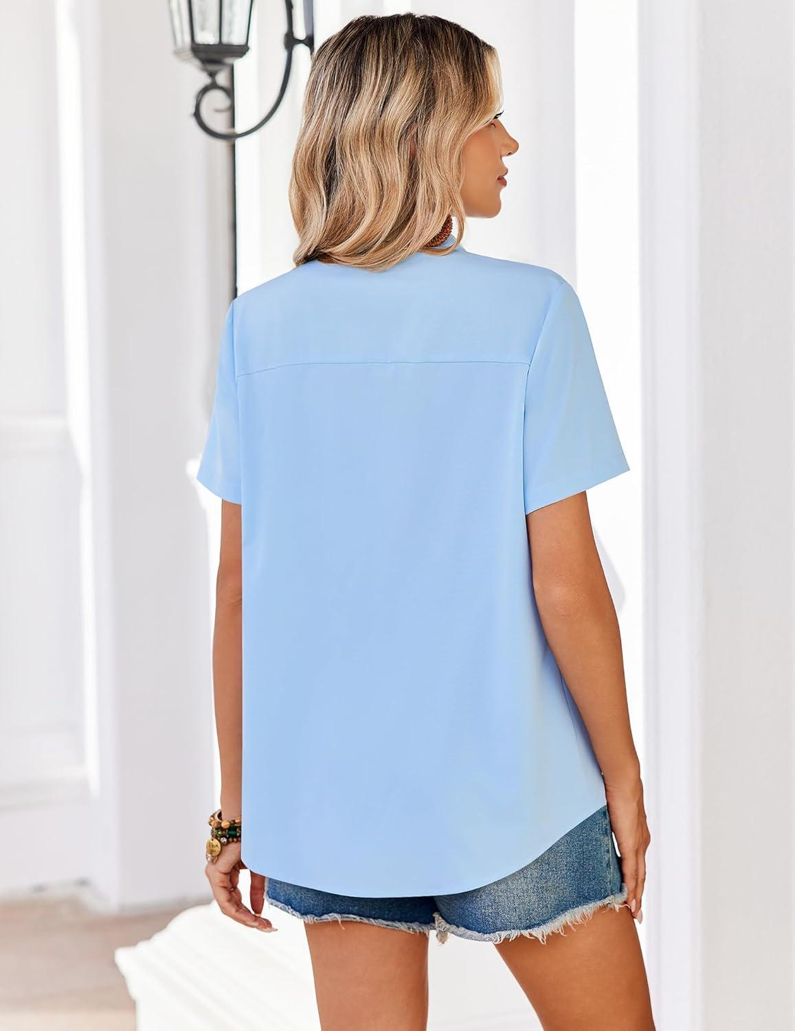 imageZeagoo Women Blouses Short Sleeve Button Down Shirts Business Casual Dressy Work Tops Summer Spring ClothesLight Blue