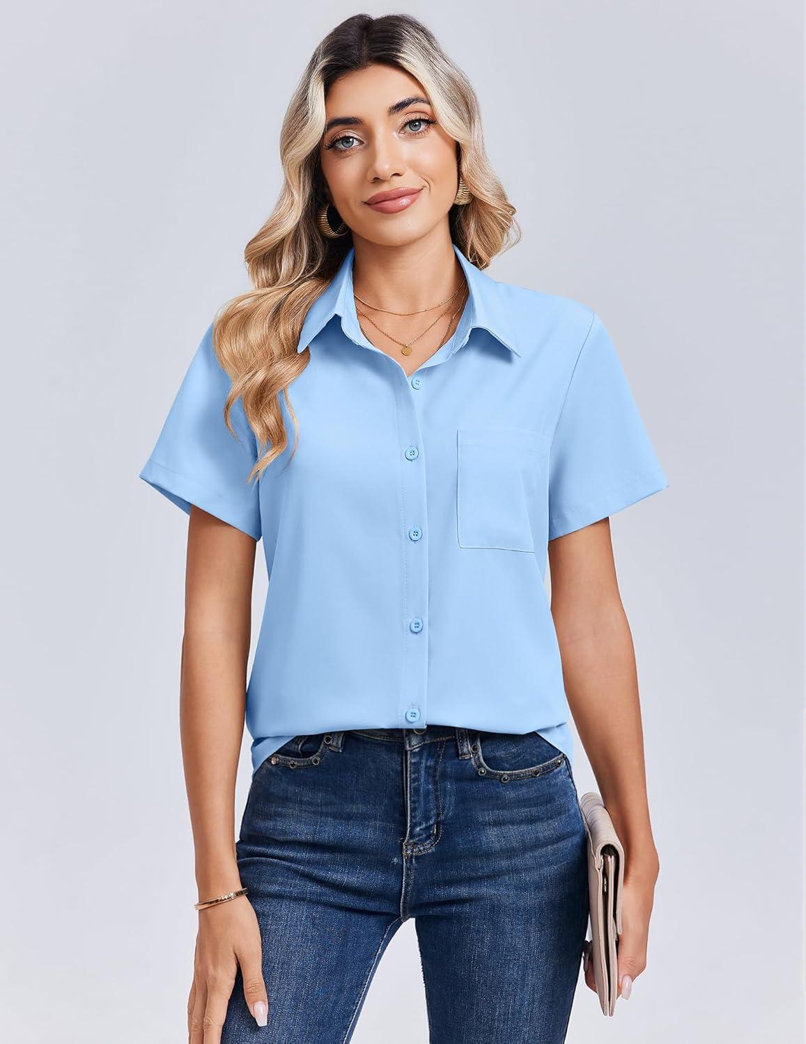imageZeagoo Women Blouses Short Sleeve Button Down Shirts Business Casual Dressy Work Tops Summer Spring ClothesLight Blue