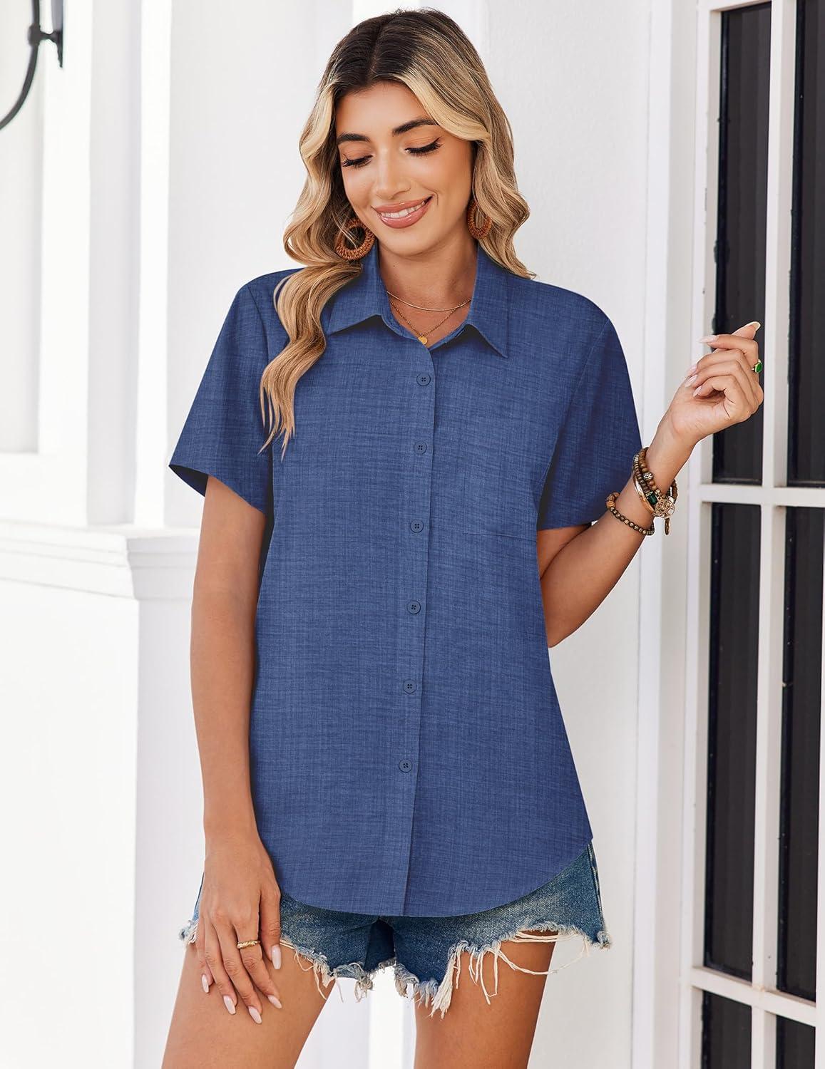 imageZeagoo Women Blouses Short Sleeve Button Down Shirts Business Casual Dressy Work Tops Summer Spring ClothesNavy Blue