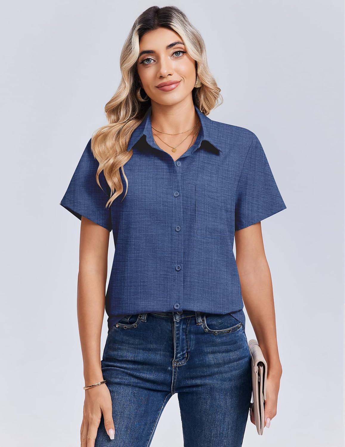 imageZeagoo Women Blouses Short Sleeve Button Down Shirts Business Casual Dressy Work Tops Summer Spring ClothesNavy Blue