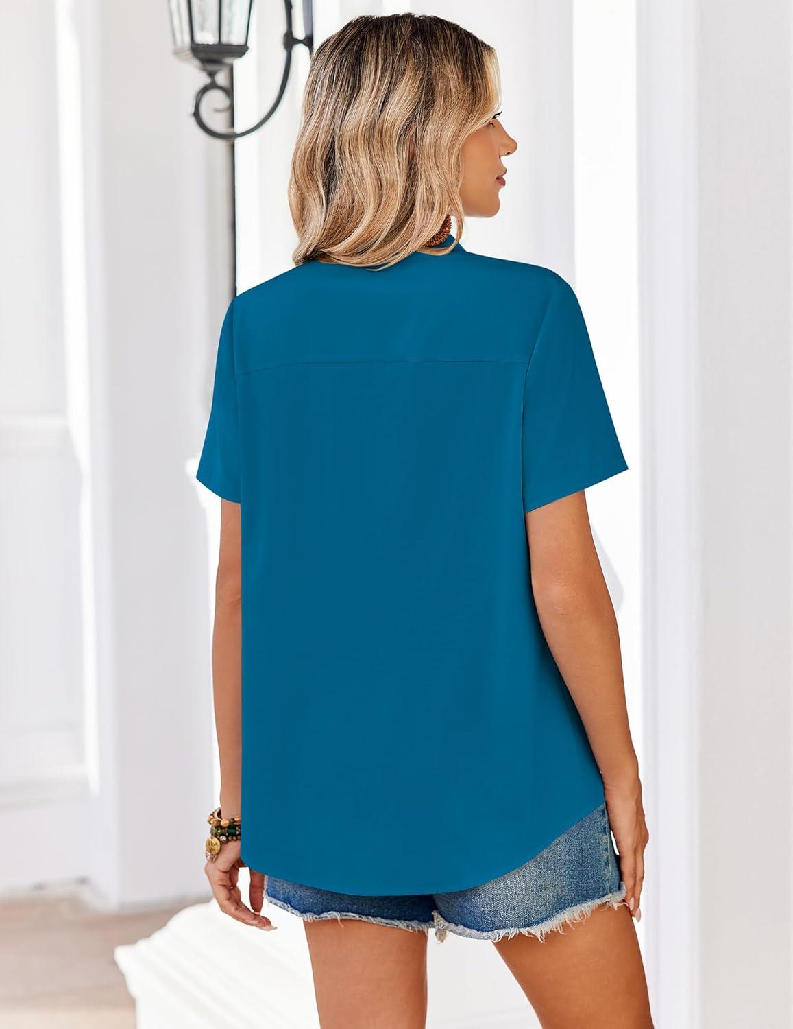 imageZeagoo Women Blouses Short Sleeve Button Down Shirts Business Casual Dressy Work Tops Summer Spring ClothesPeacock Blue