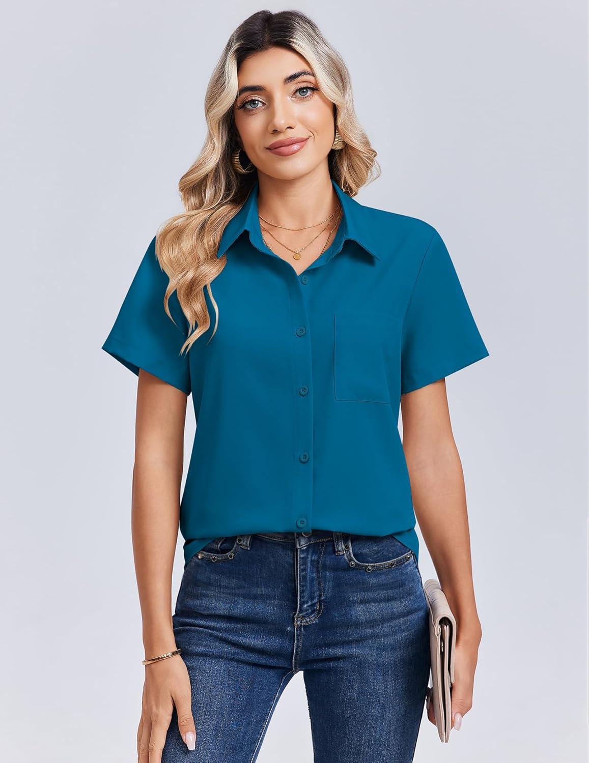 imageZeagoo Women Blouses Short Sleeve Button Down Shirts Business Casual Dressy Work Tops Summer Spring ClothesPeacock Blue