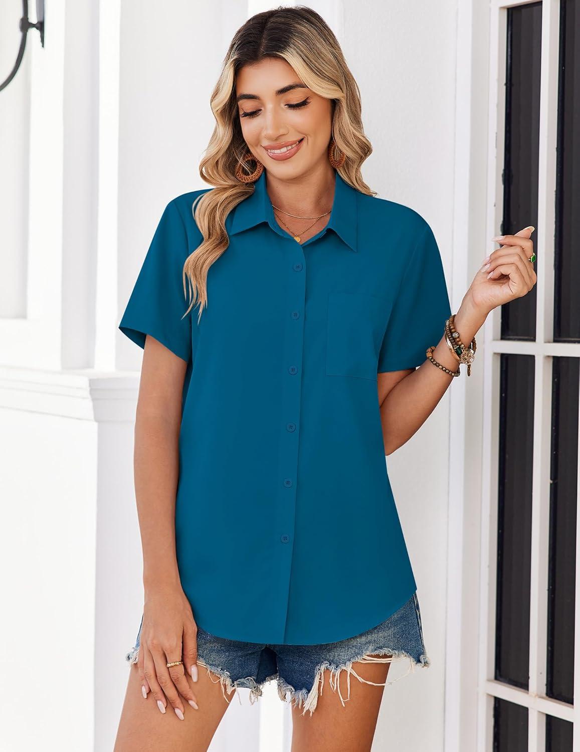 imageZeagoo Women Blouses Short Sleeve Button Down Shirts Business Casual Dressy Work Tops Summer Spring ClothesPeacock Blue