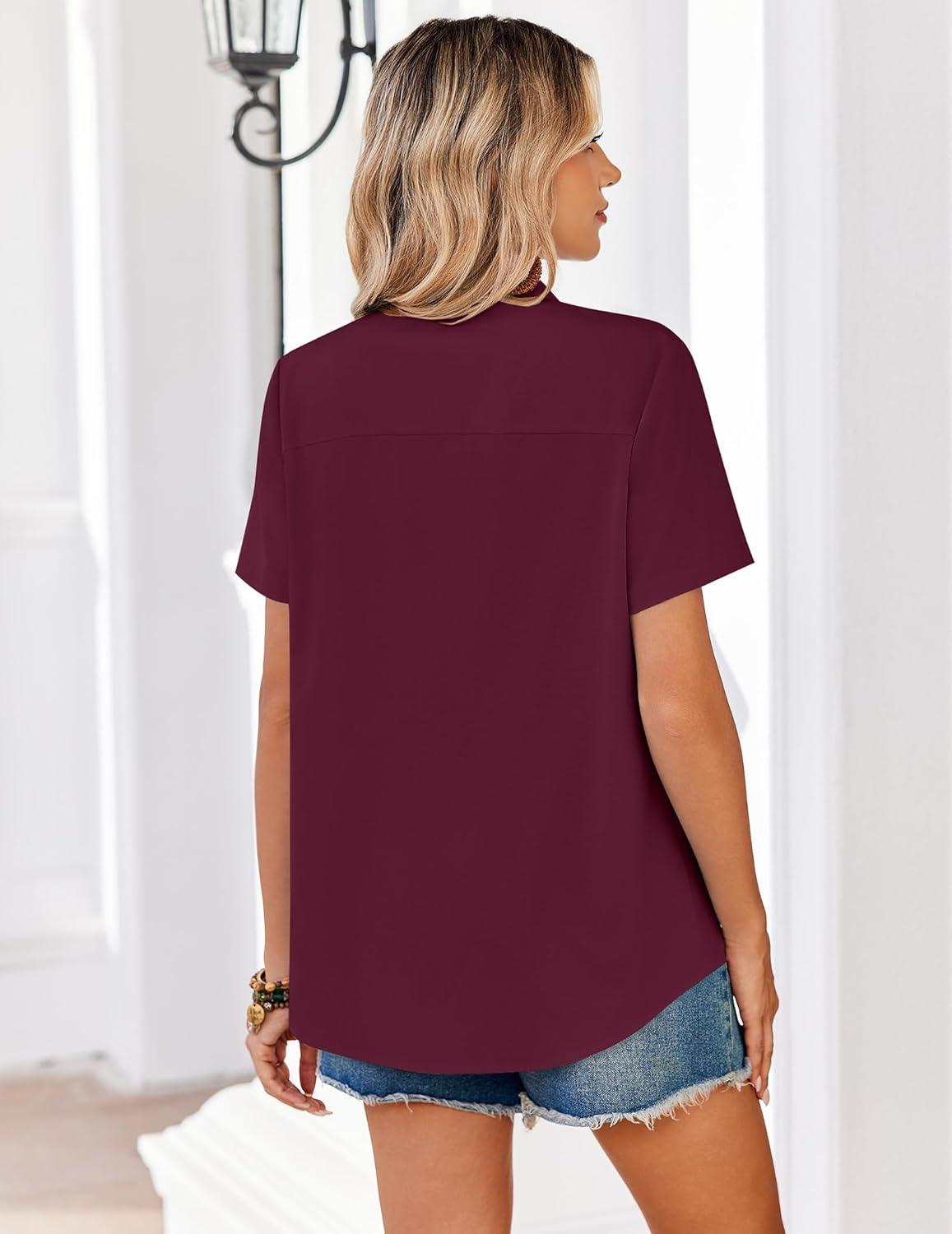 imageZeagoo Women Blouses Short Sleeve Button Down Shirts Business Casual Dressy Work Tops Summer Spring ClothesWine Red