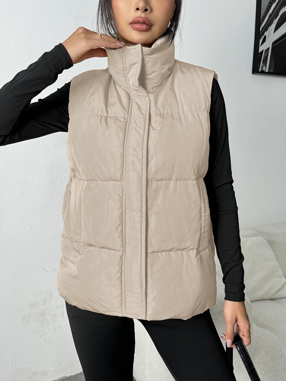 imageZeagoo Women Puffer Vest Lightweight Stand Collar Sleeveless Winter Warm Zip Up Padded Outerwear Jackets with Pockets SXXLBeige