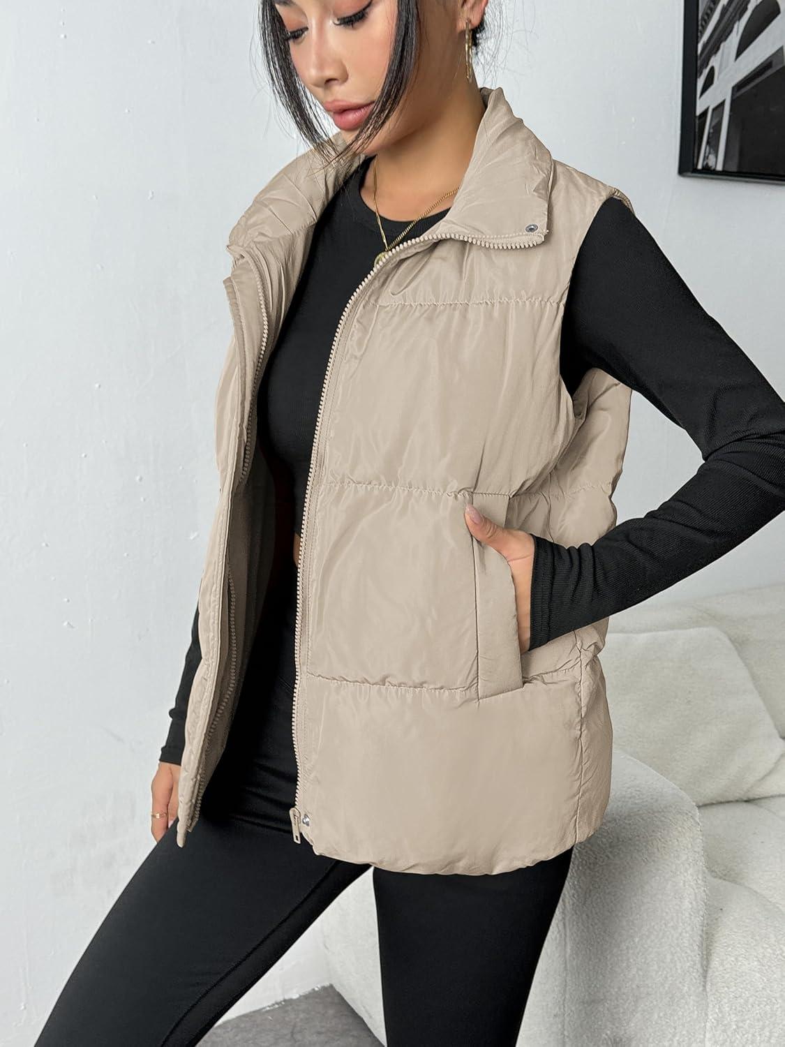 imageZeagoo Women Puffer Vest Lightweight Stand Collar Sleeveless Winter Warm Zip Up Padded Outerwear Jackets with Pockets SXXLBeige