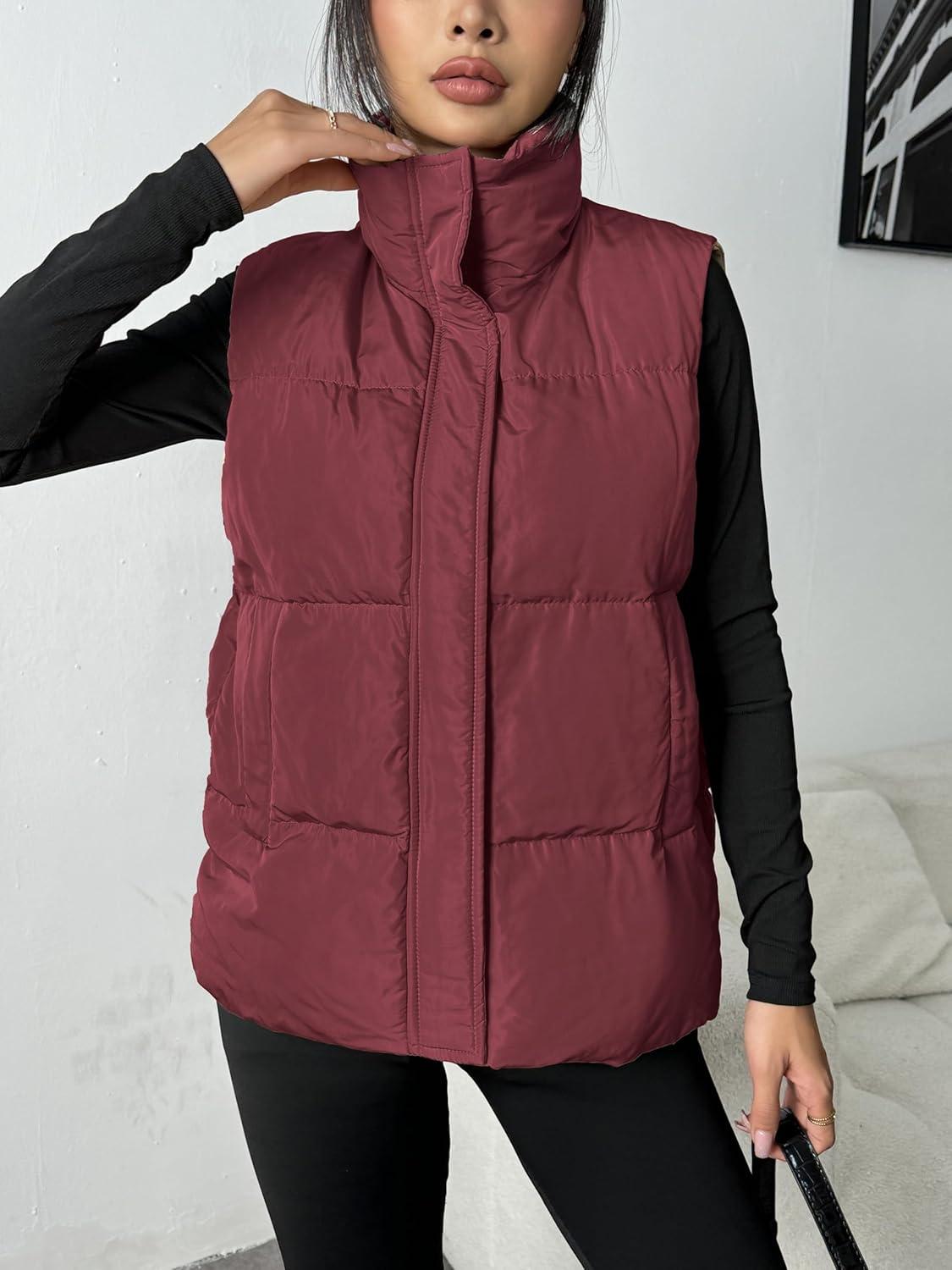 imageZeagoo Women Puffer Vest Lightweight Stand Collar Sleeveless Winter Warm Zip Up Padded Outerwear Jackets with Pockets SXXLBurgundy