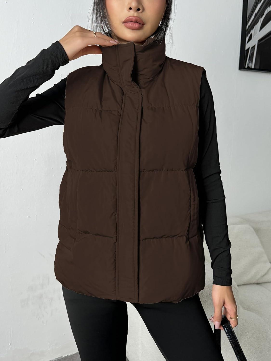 imageZeagoo Women Puffer Vest Lightweight Stand Collar Sleeveless Winter Warm Zip Up Padded Outerwear Jackets with Pockets SXXLDark Brown