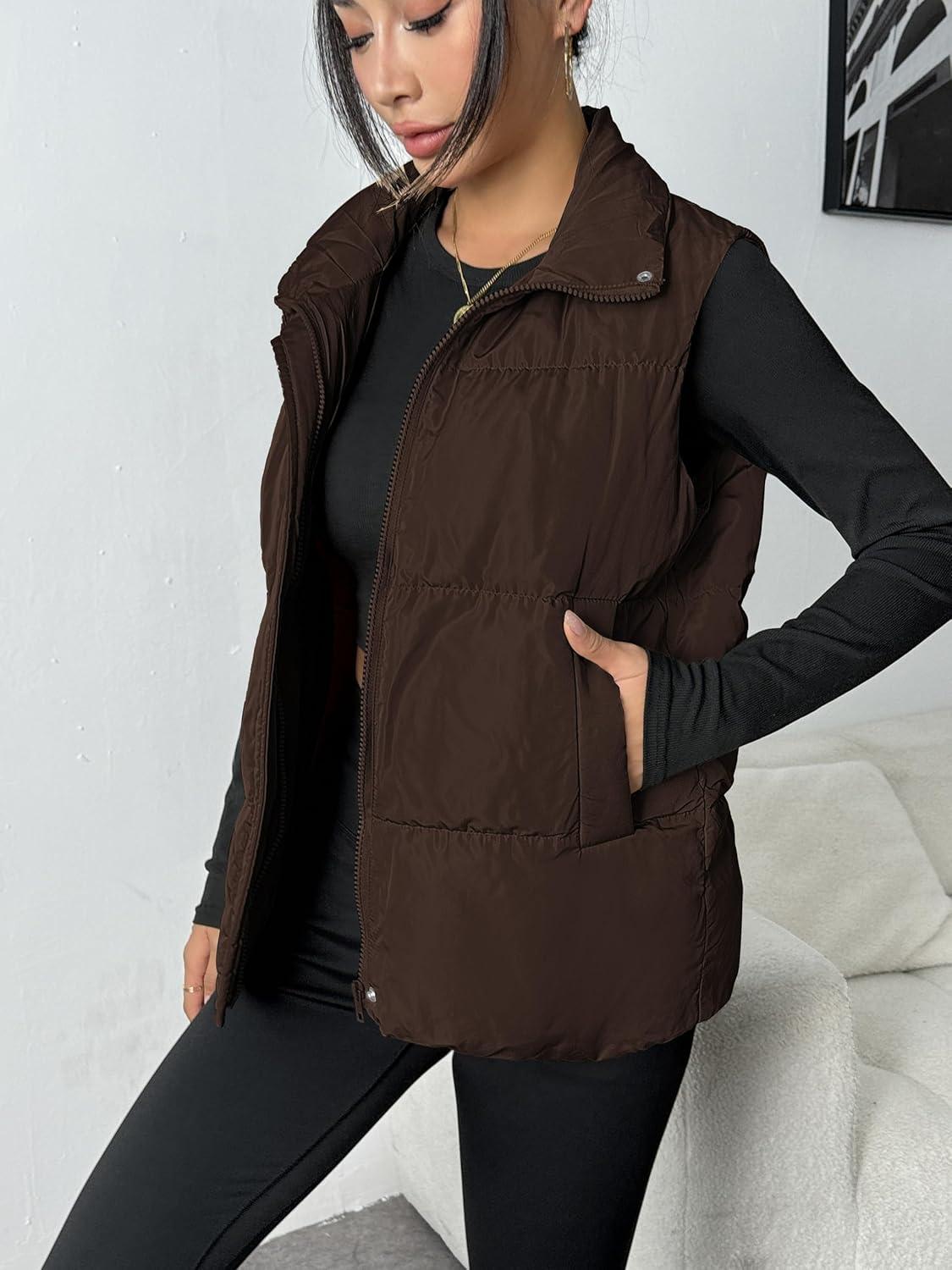imageZeagoo Women Puffer Vest Lightweight Stand Collar Sleeveless Winter Warm Zip Up Padded Outerwear Jackets with Pockets SXXLDark Brown
