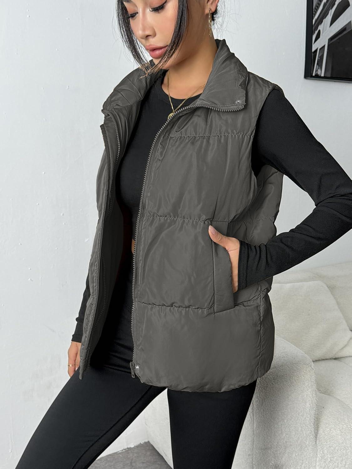 imageZeagoo Women Puffer Vest Lightweight Stand Collar Sleeveless Winter Warm Zip Up Padded Outerwear Jackets with Pockets SXXLDark Grey